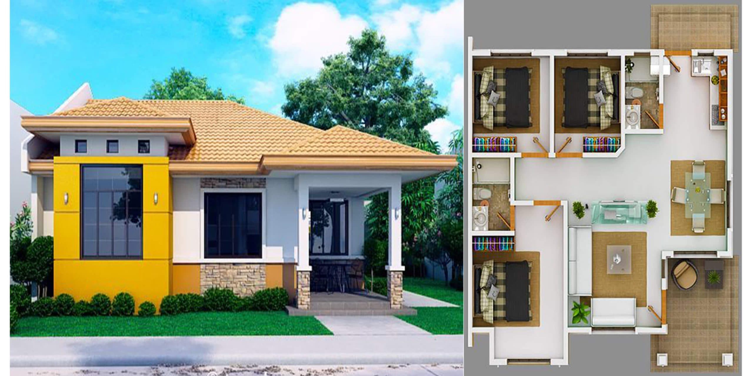 Modern Bungalow House With 3D Floor Plans And Firewall