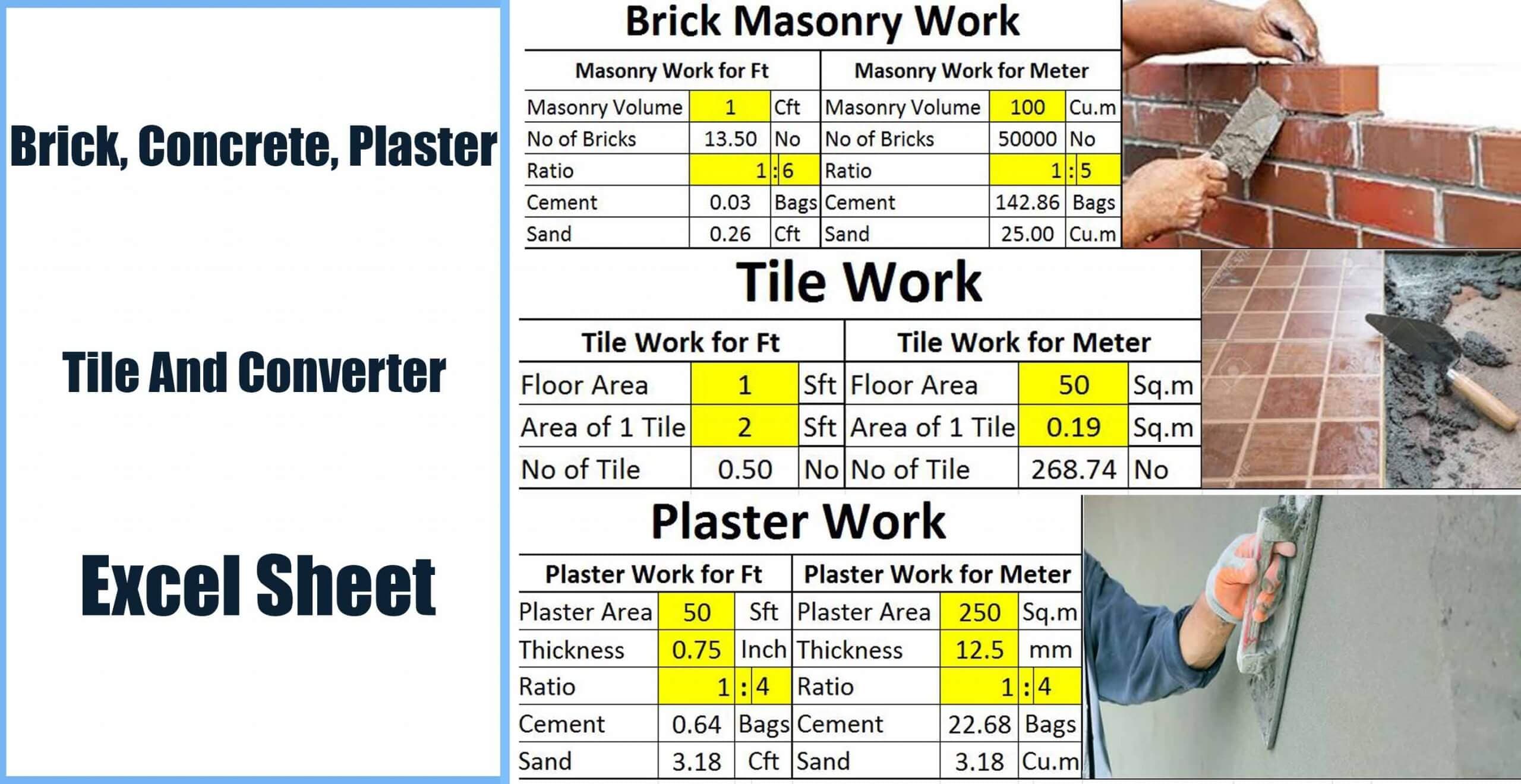 Brick, Concrete, Plaster, Tile And Converter Excel Sheet