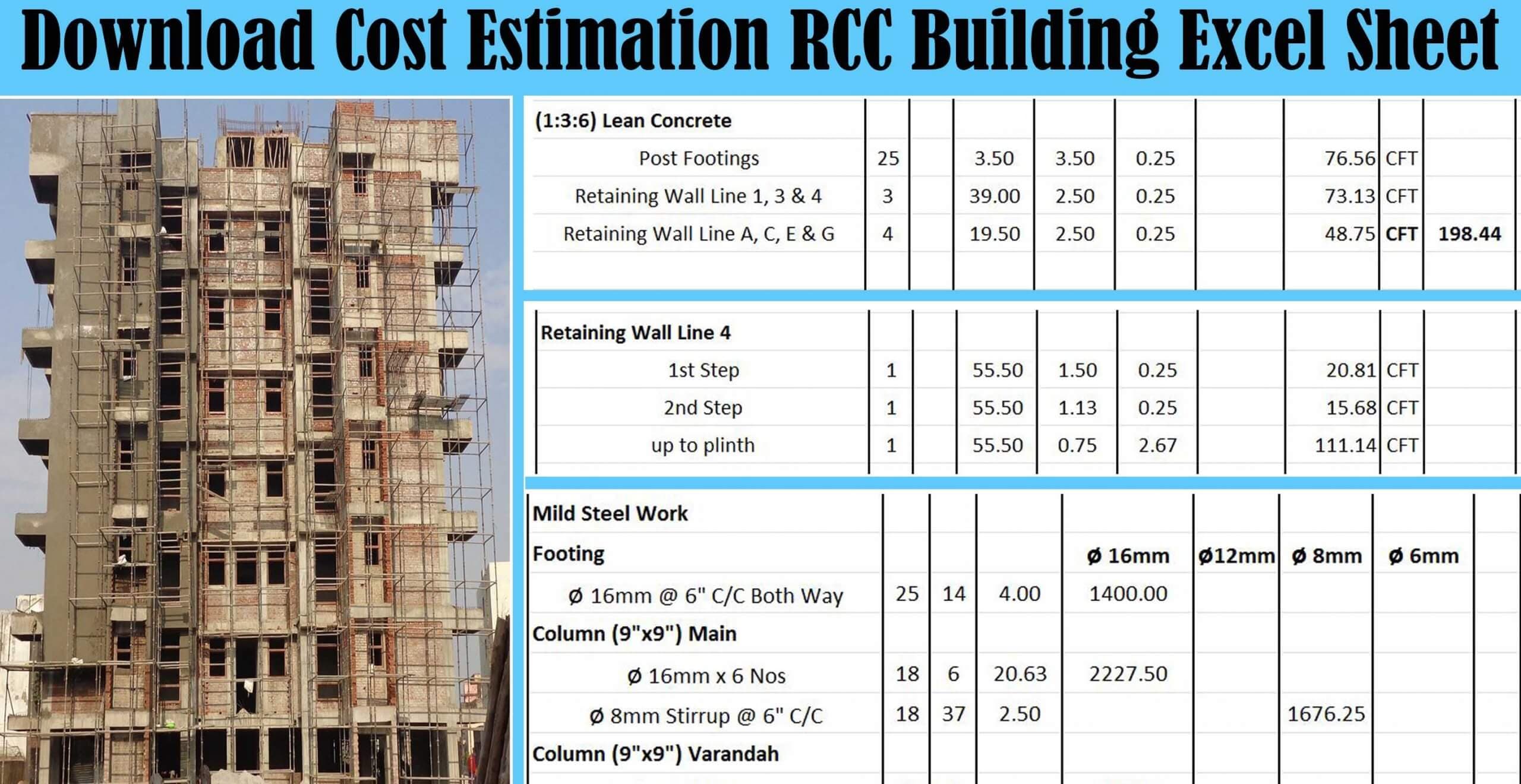 Download Cost Estimation RCC Building Excel Sheet