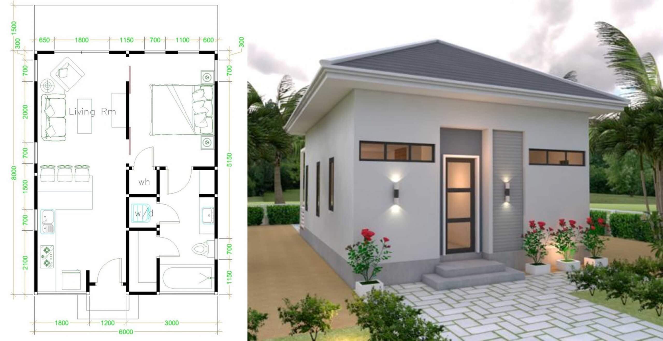 Small House Design 6×8 With 2 Bedrooms Shed Roof