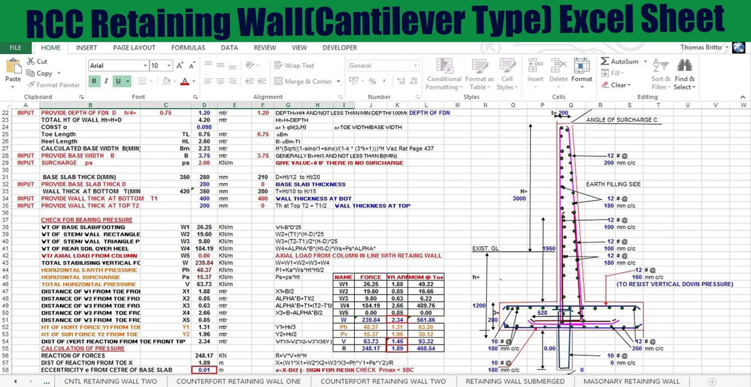 RCC Retaining Wall (Cantilever Type) Excel Sheet
