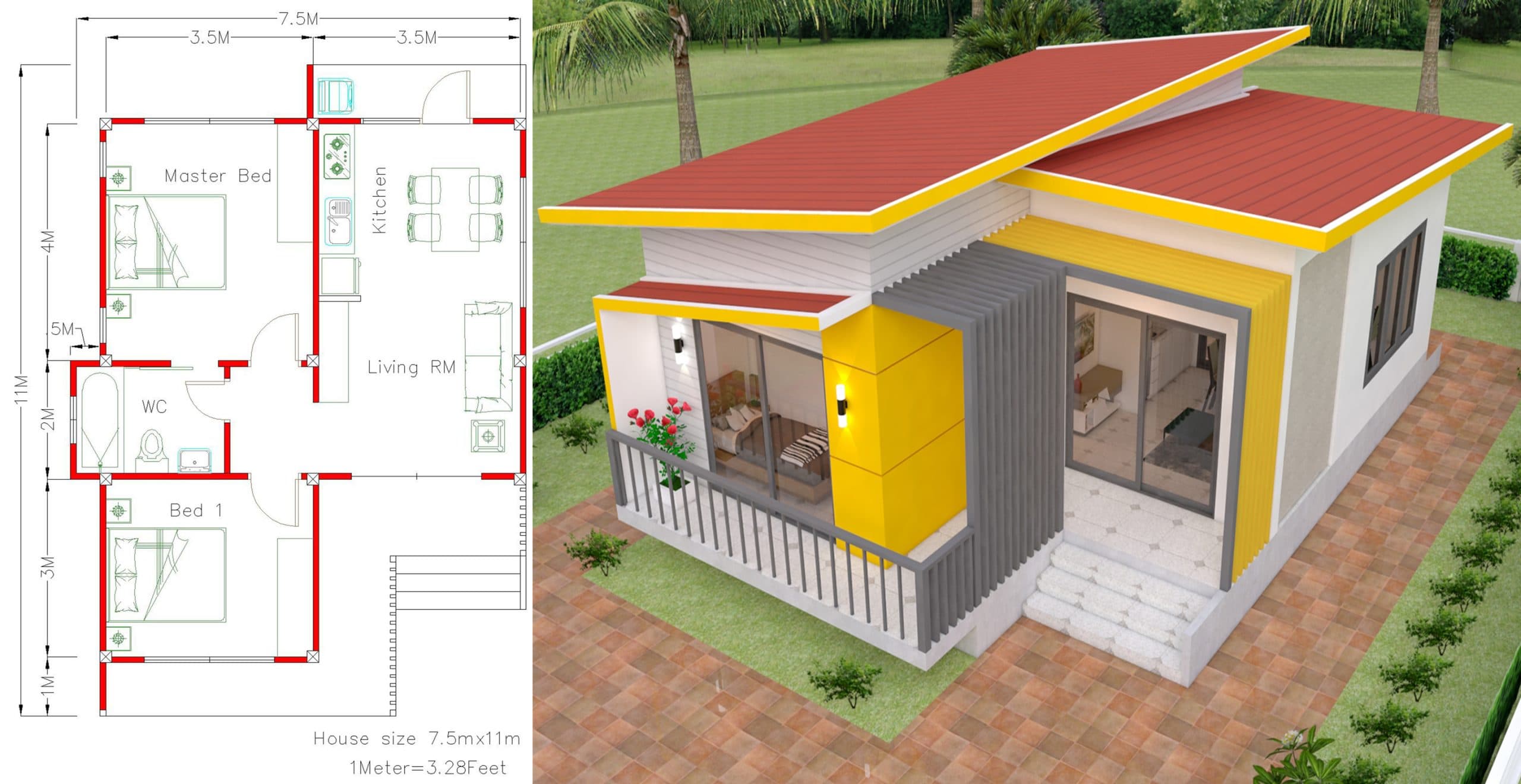 Small House Plans 7.5×11 With 2 Bedrooms Full Plans