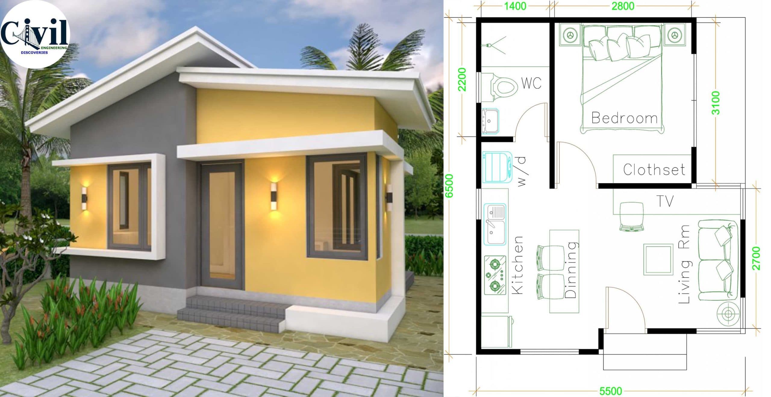 Small House Design Plans 5.5×6.5m With One Bedroom Shed Roof