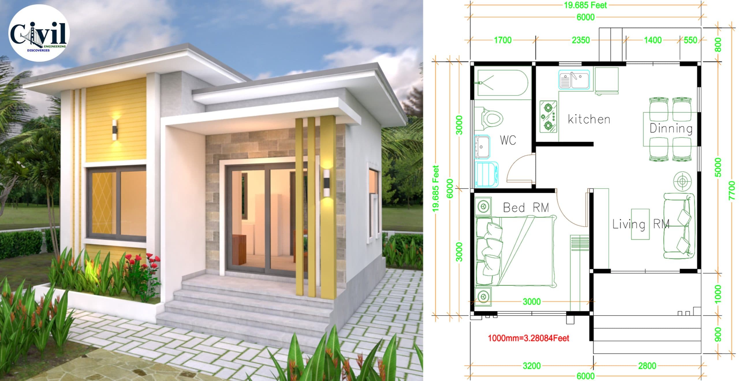 Small House Plans 6×6m With One Bedrooms Flat Roof