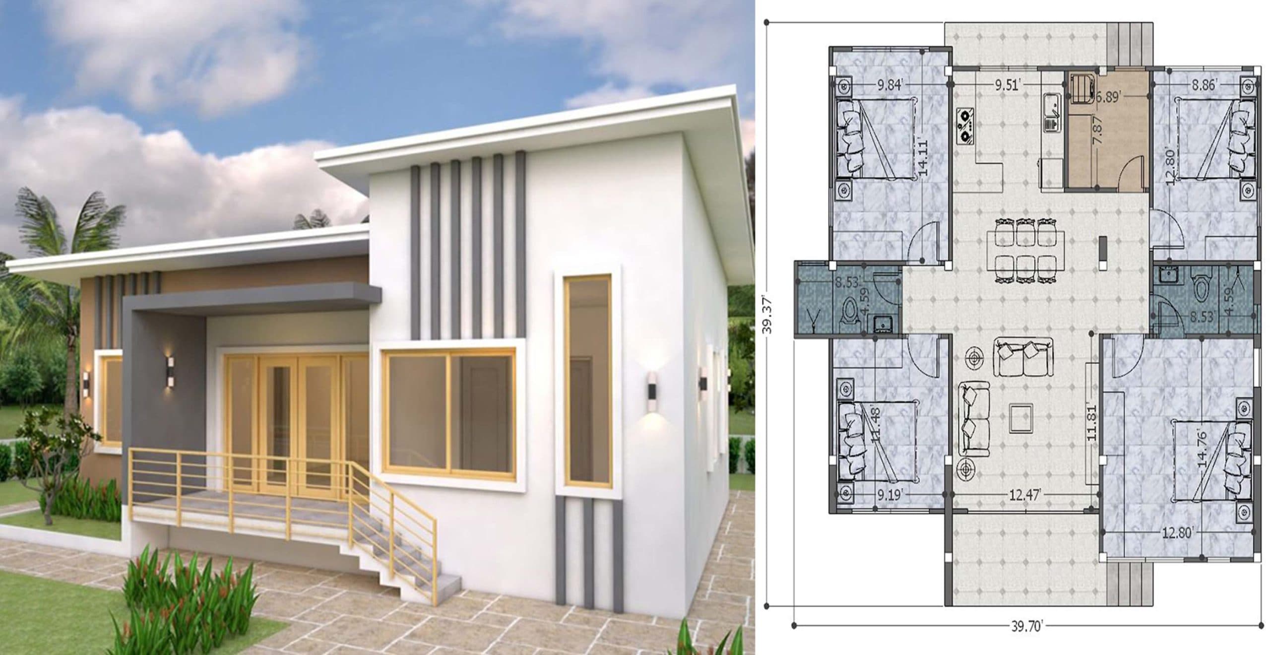 Beautiful House Plans 12×12 Meter (40×40 Feet) Shed Roof