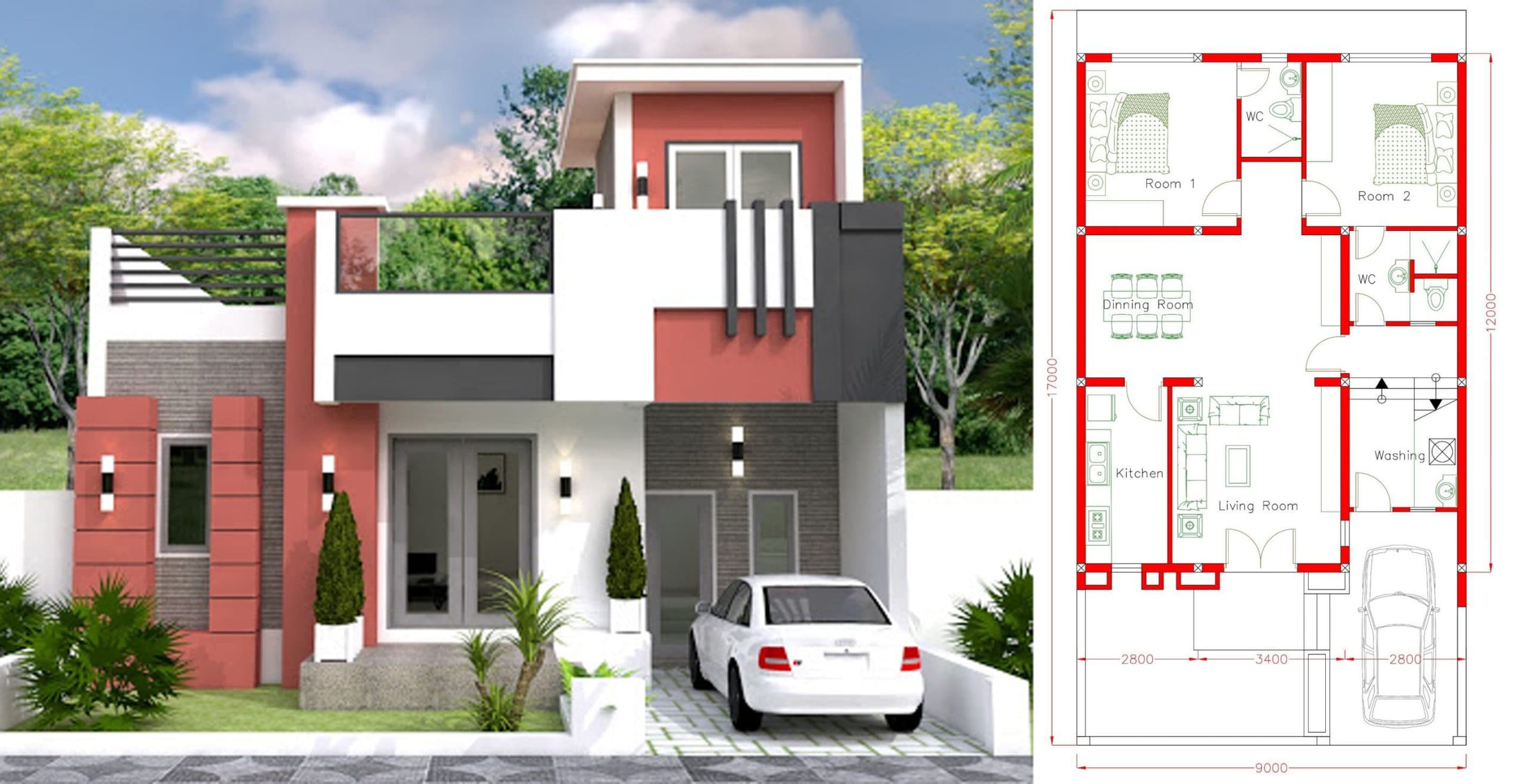 Home Design Plan 9x12m With 2 Bedrooms