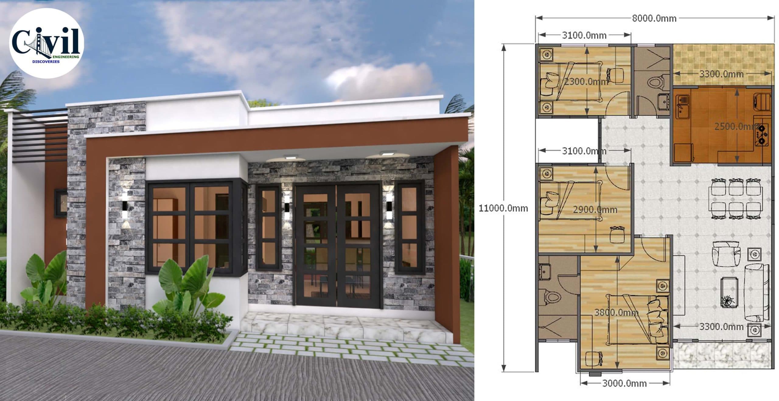 House Plans 8×11 With 3 Bedrooms Full Plans