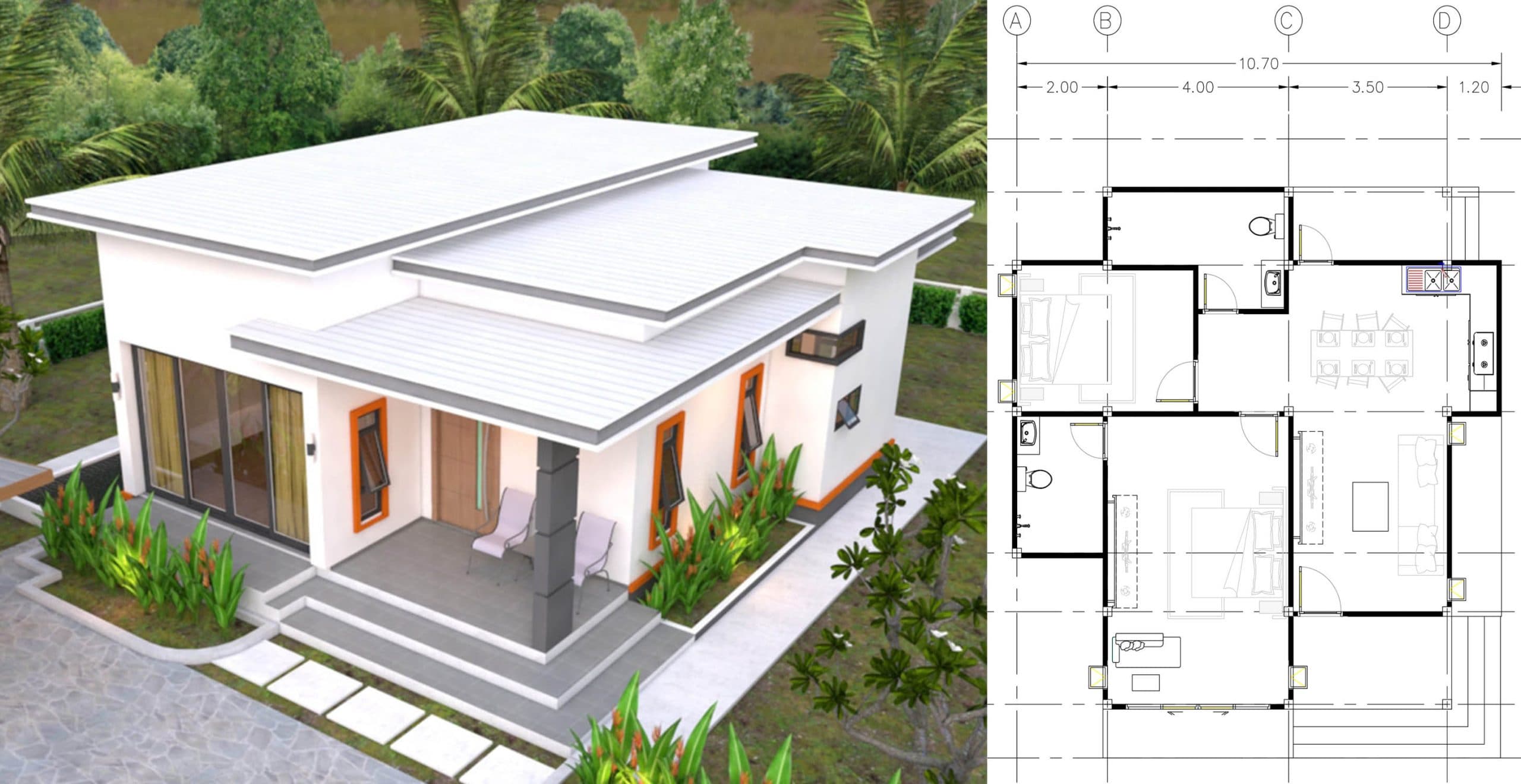 Modern House Plans 10.7×10.5 With 2 Bedrooms Flat Roof