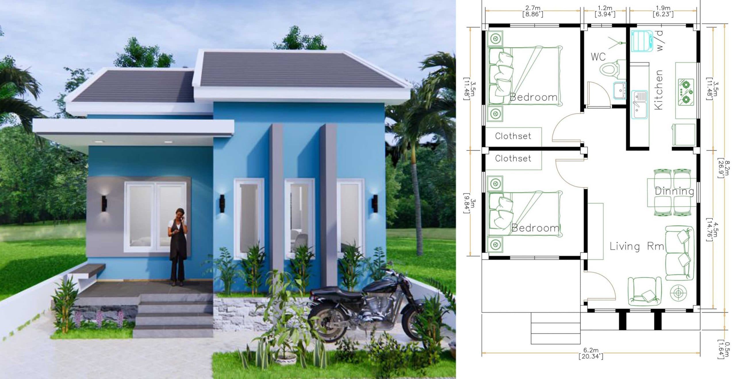 House Plans 6×8 Meter (20×27 Feet) 2 Bedrooms Gable Roof