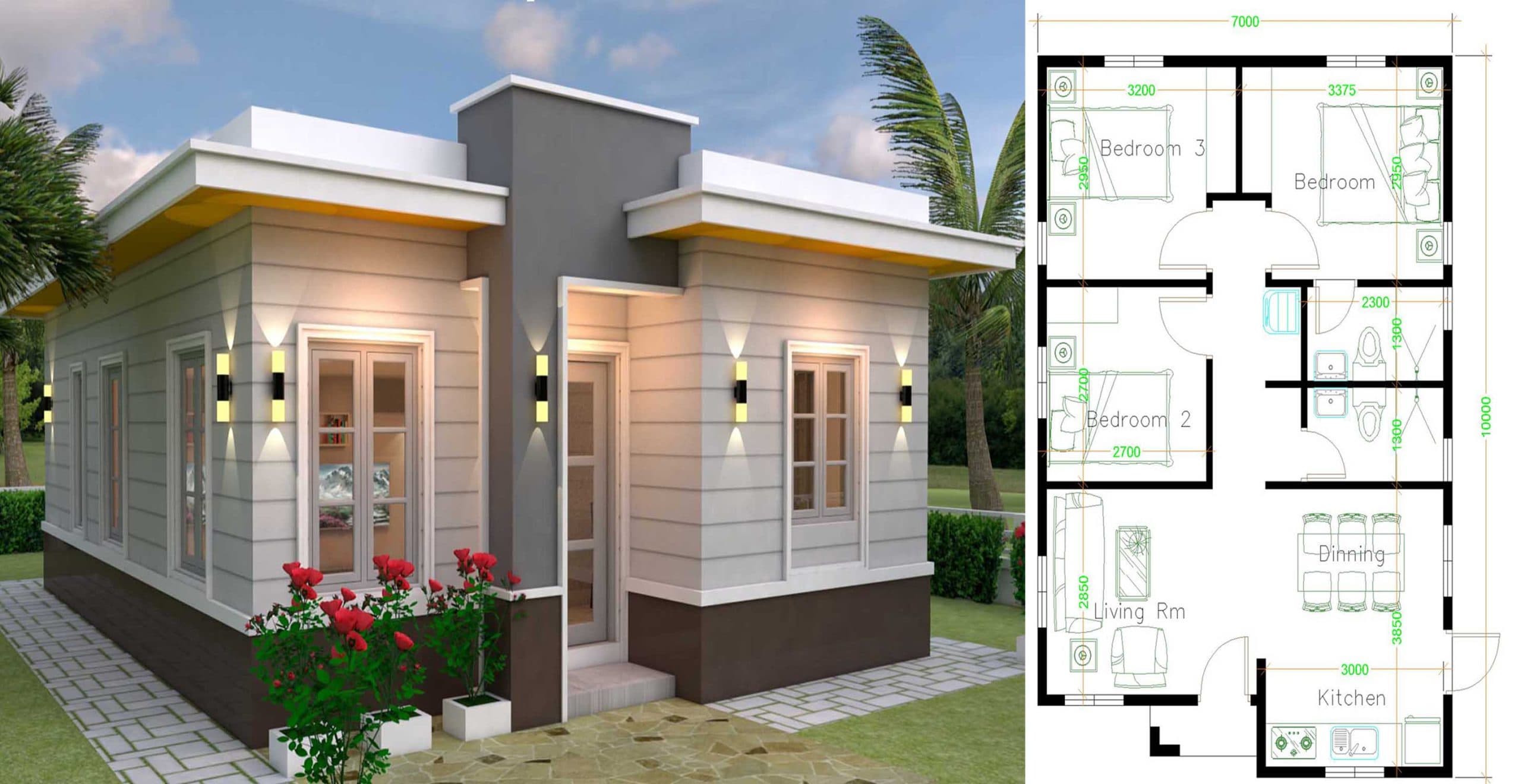 House Design 7×10 With 3 Bedrooms Terrace Roof