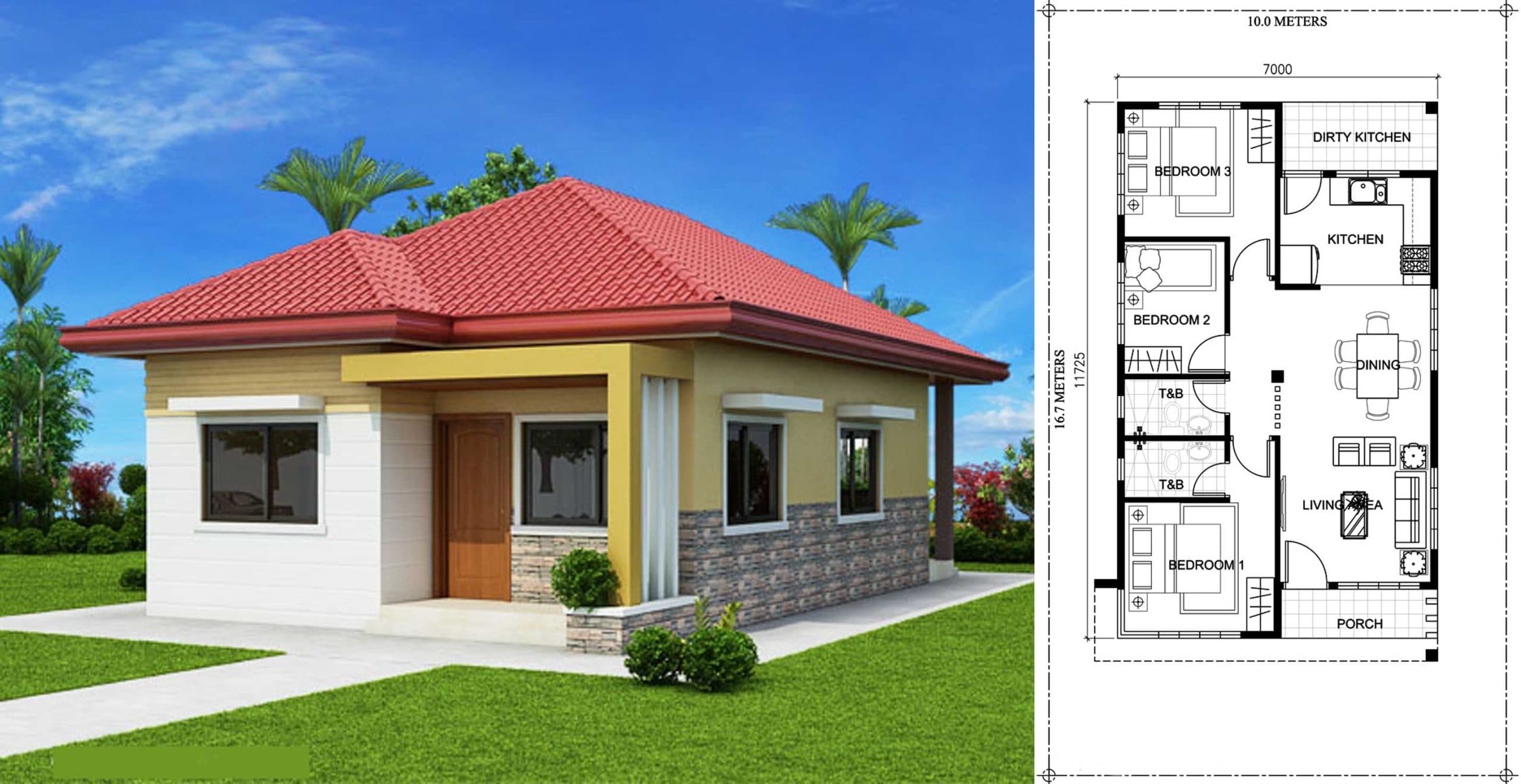 Home Design 10x16m With 3 Bedrooms
