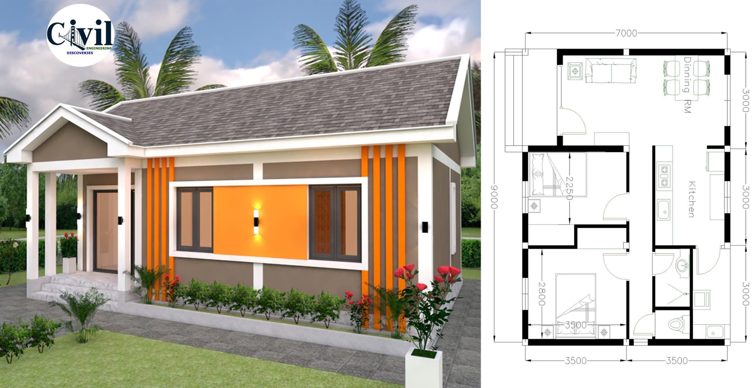 Small House Plans 9×7 With 2 Bedrooms Gable Roof
