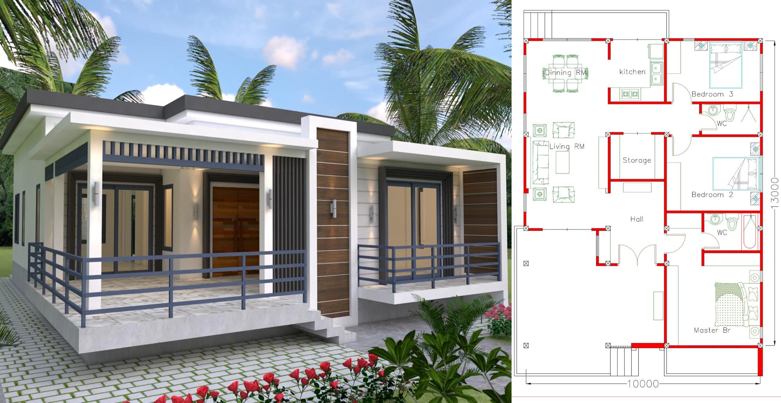 House Plans 10x13m With 3 Bedrooms