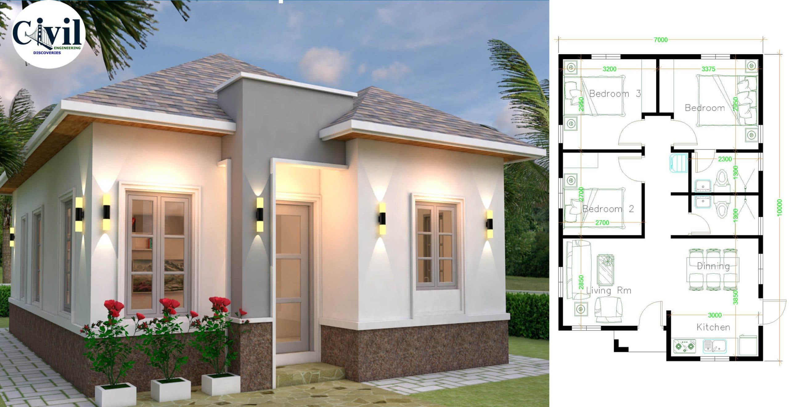 House Plans 7×10 with 3 Bedrooms