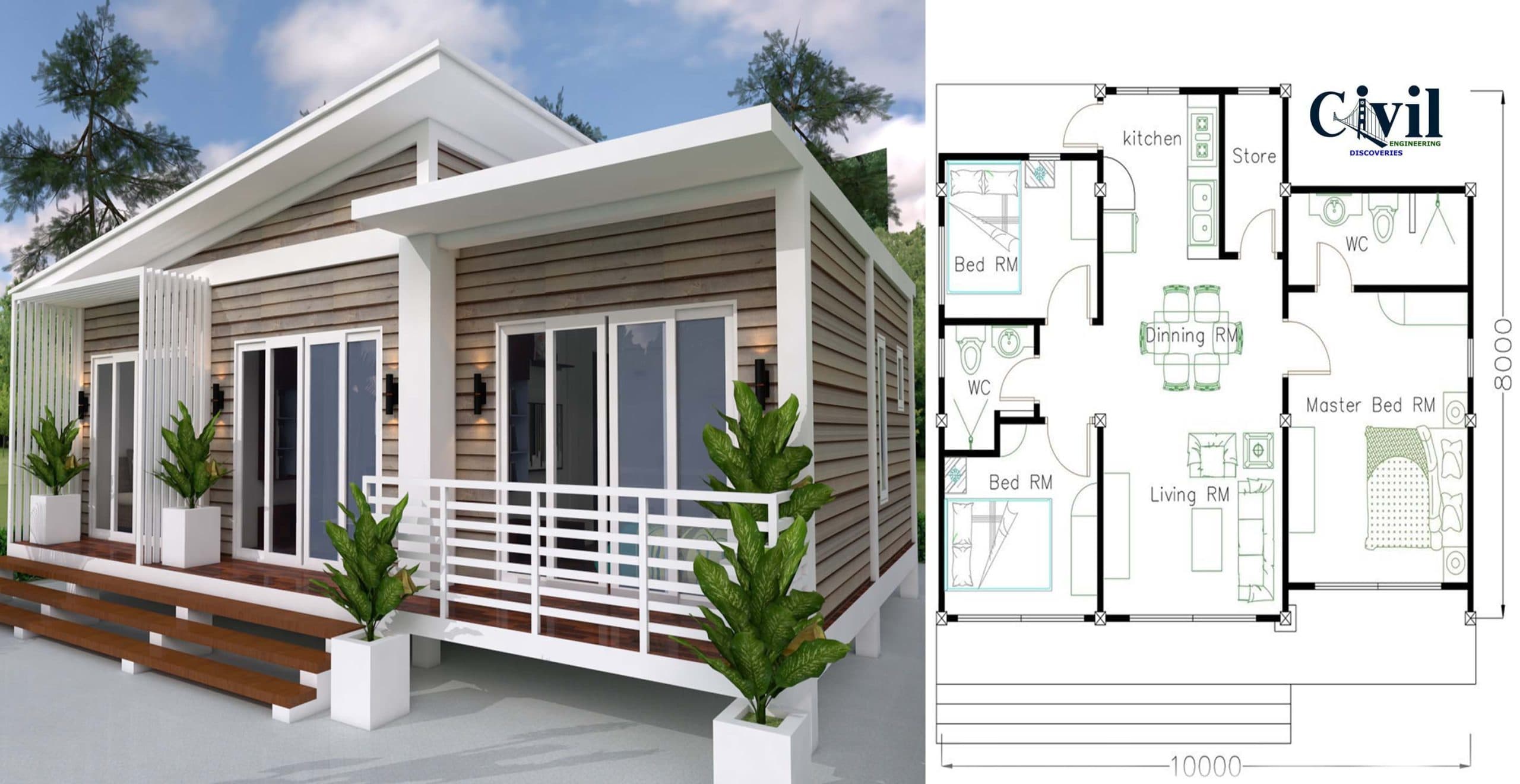 House Plans 10X8M With 3 Bedrooms