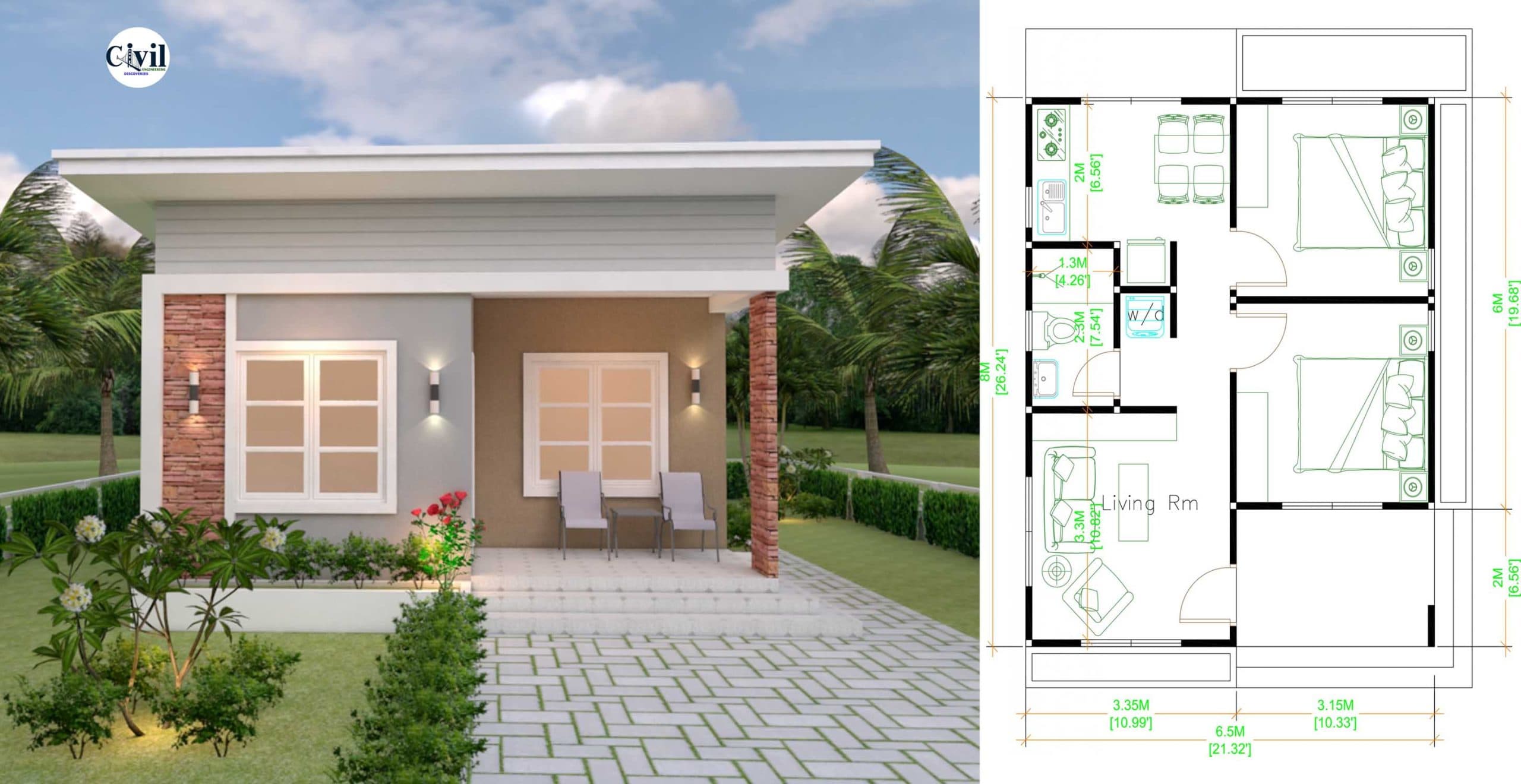 House Design Plans 6.5×8 With 2 Bedrooms Shed Roof