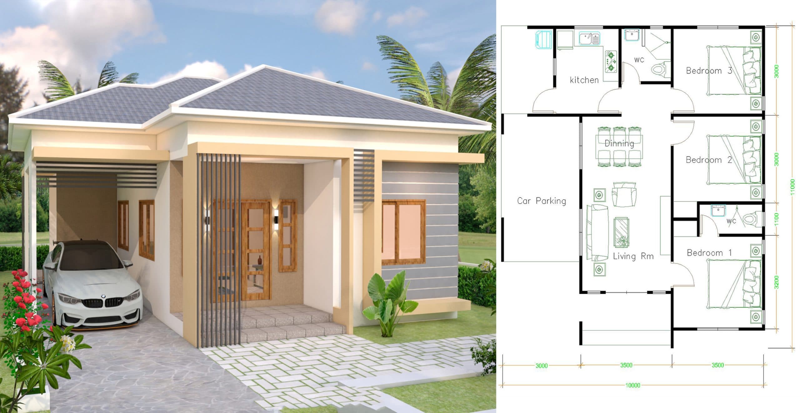 House Design 10×11 With 3 Bedrooms Hip Tiles