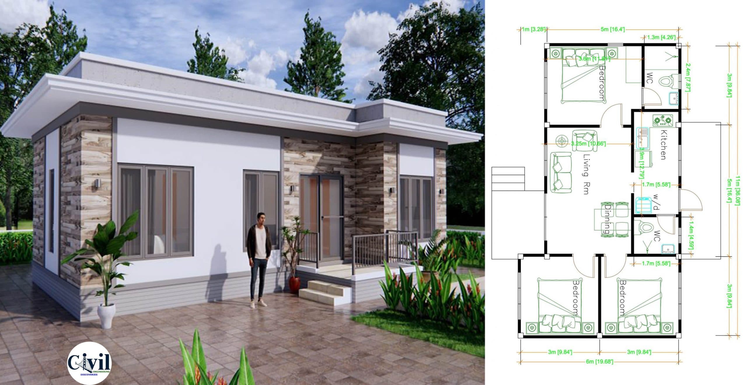 House Design 11×6 Meters 36×20 Feet Terrace Roof