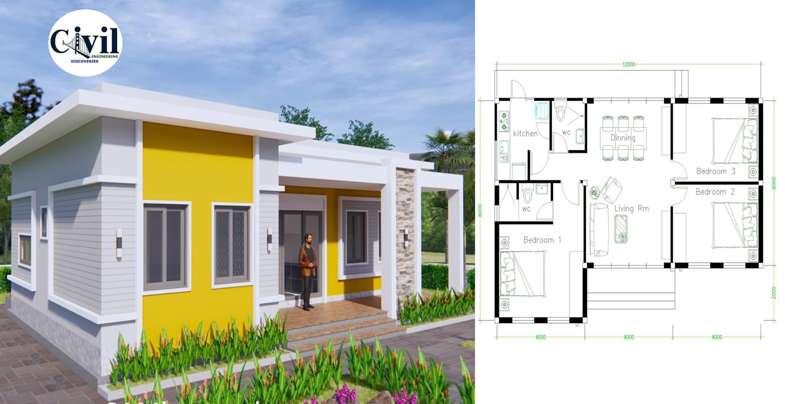 House Plans 12×8 With 3 Bedrooms Terrace Roof