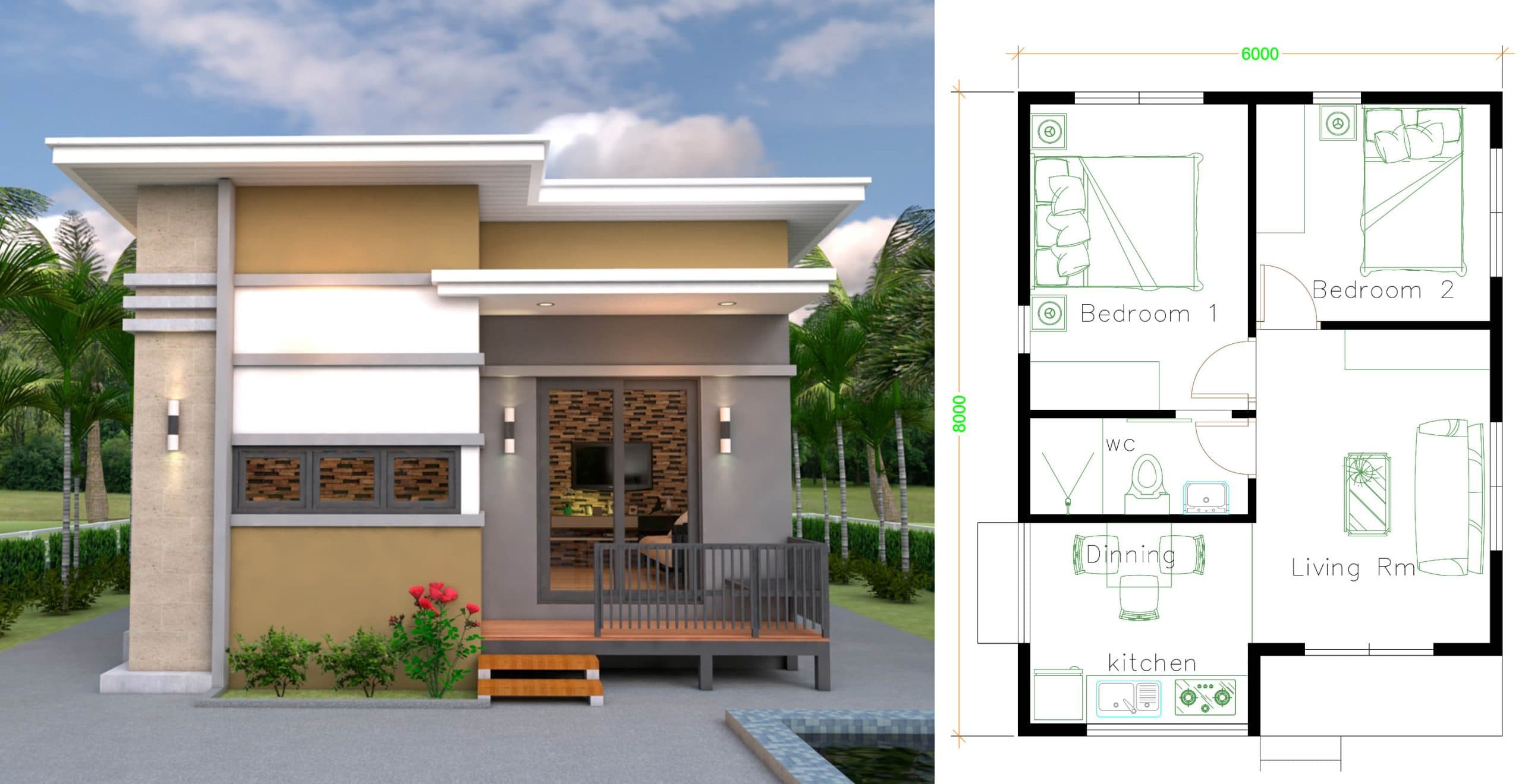 Small House Design Plans 6×8 With 2 Bedrooms