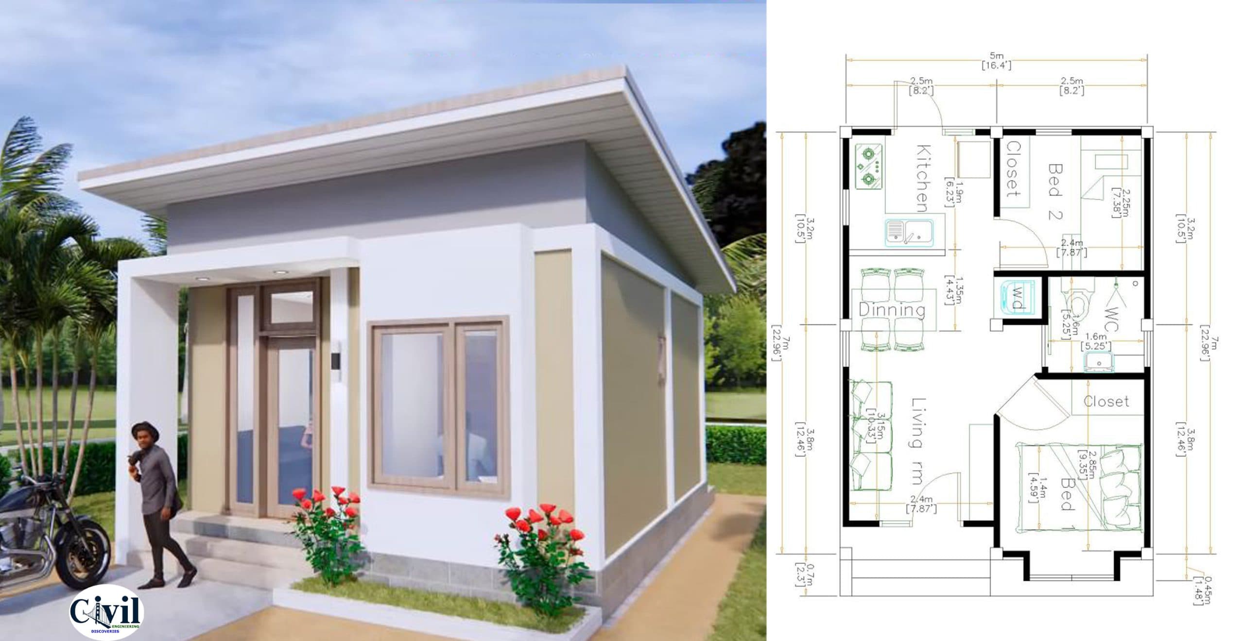 Small House Plans 5×7 Meters 2 Bedrooms