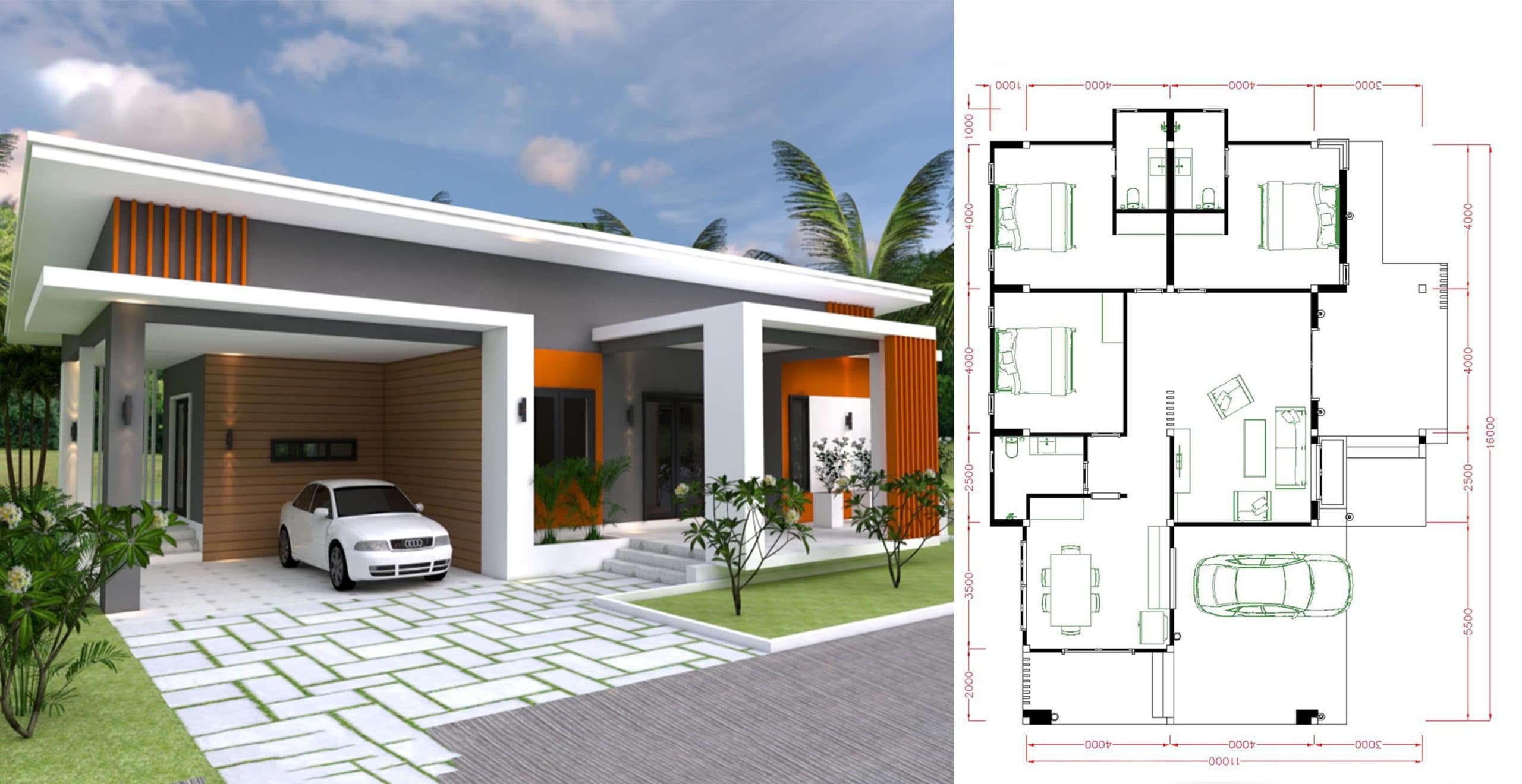 Home Design 11×16 With 3 Bedrooms Slop Roof