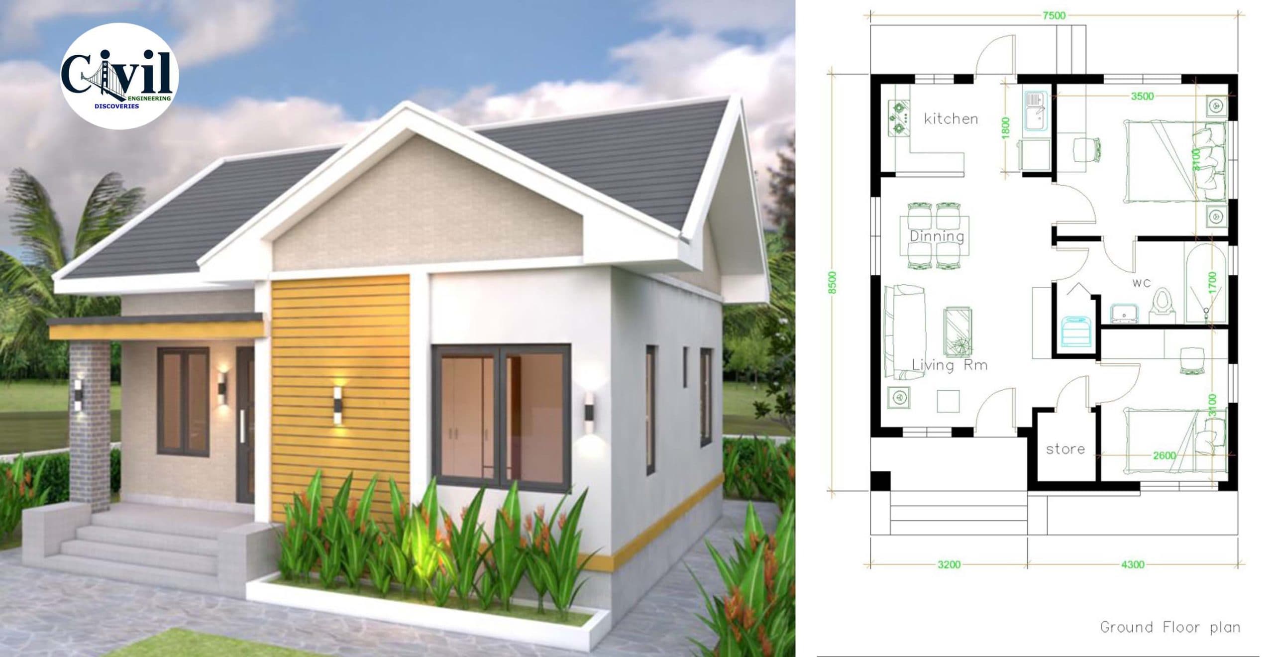 House Design plans 7.5×8.5m With 2 Bedrooms Gable Roof