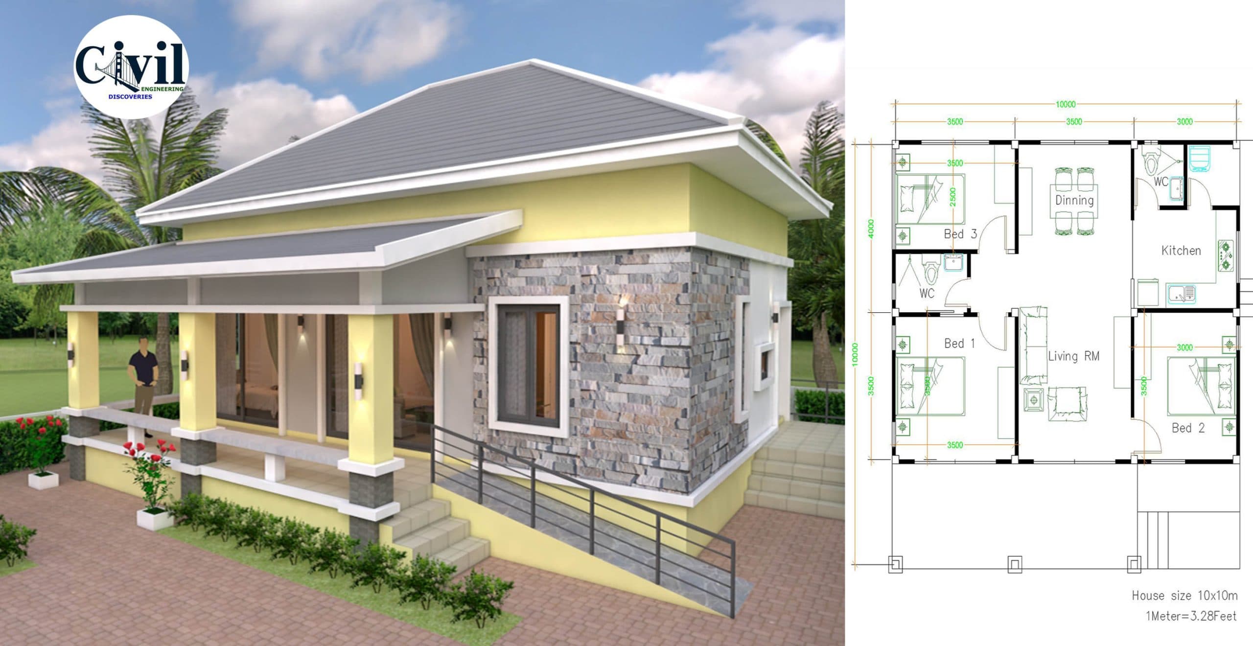 Small House Design 10×10 With 3 Bedrooms Hip Roof