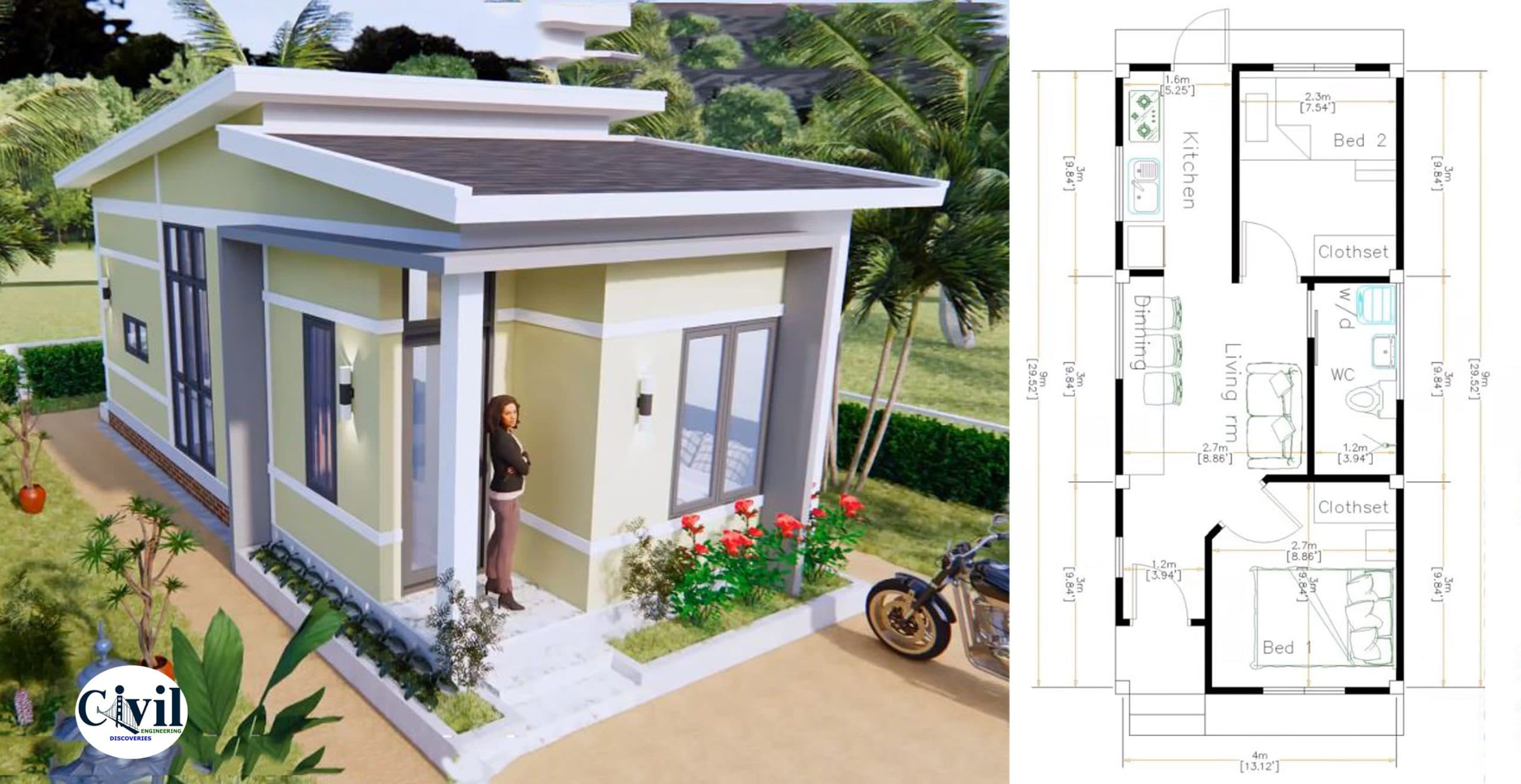 Small House Design 4×9 Meter 2 Beds