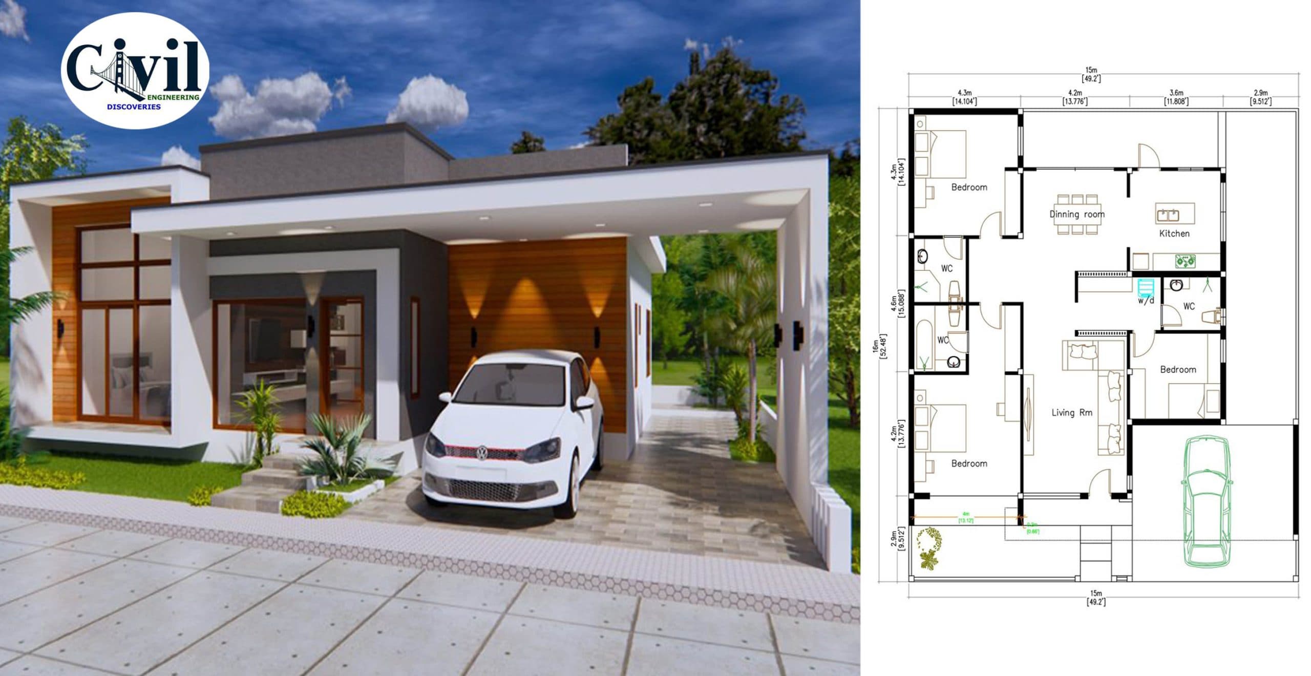 House Plans 15×16 Meter (49×53 Feet) 3 Bedrooms