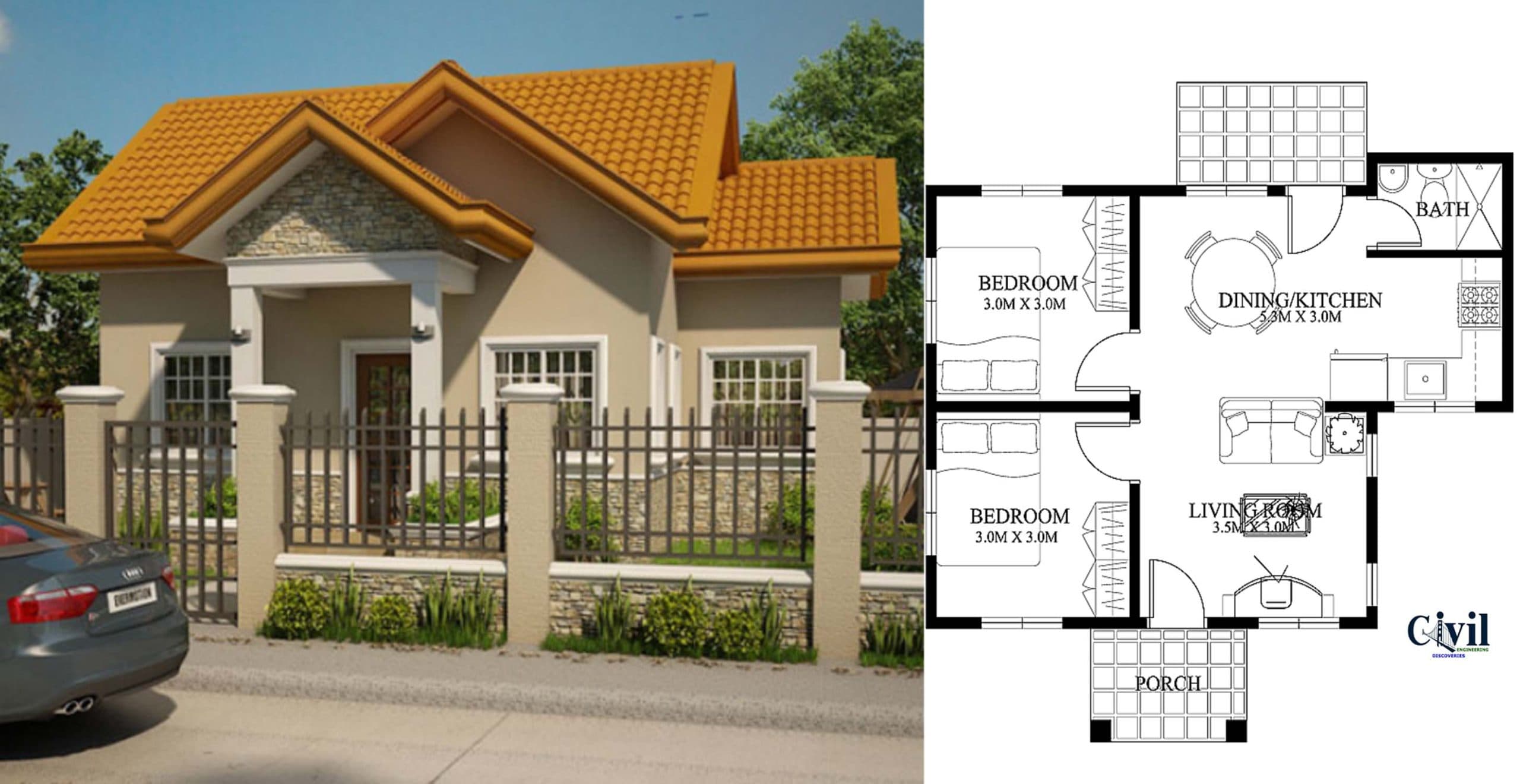 Small House Plan 52 s.q.m With Spanish Style Roofing