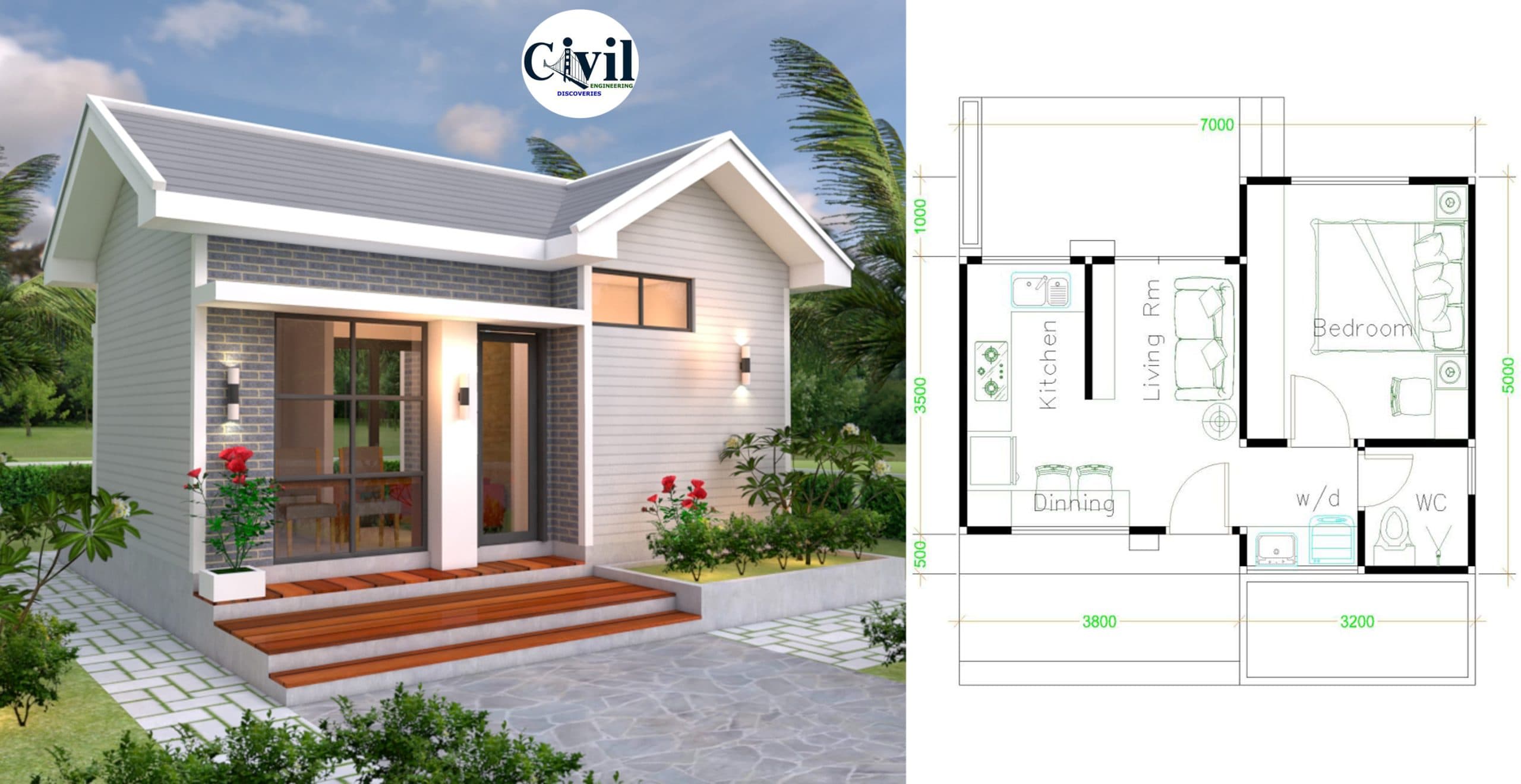 Small House Design Plans 5×7 With One Bedroom Gable Roof