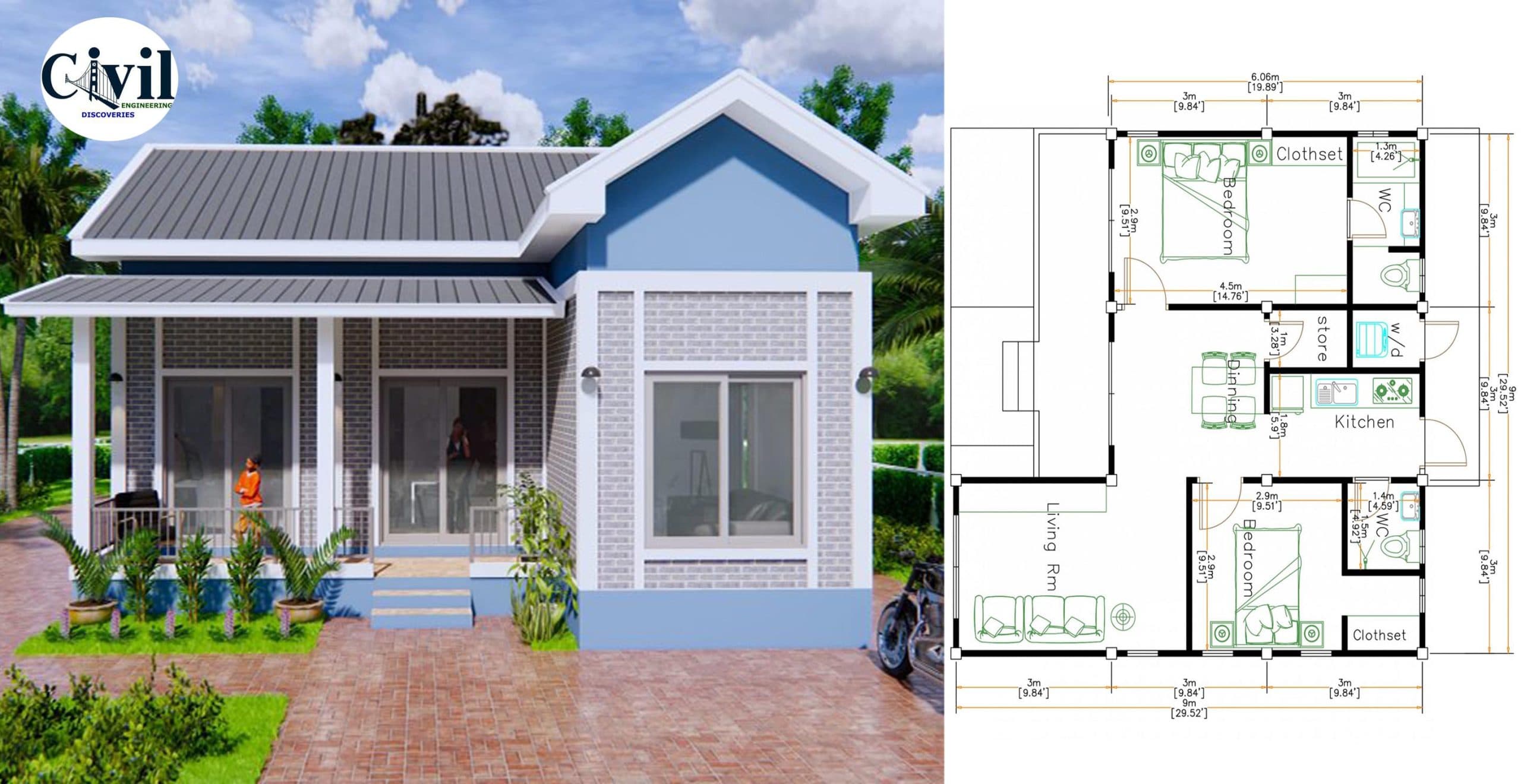 House Plans 9×9 Meters(30×30 Feet) 2 Bedrooms Gable Roof