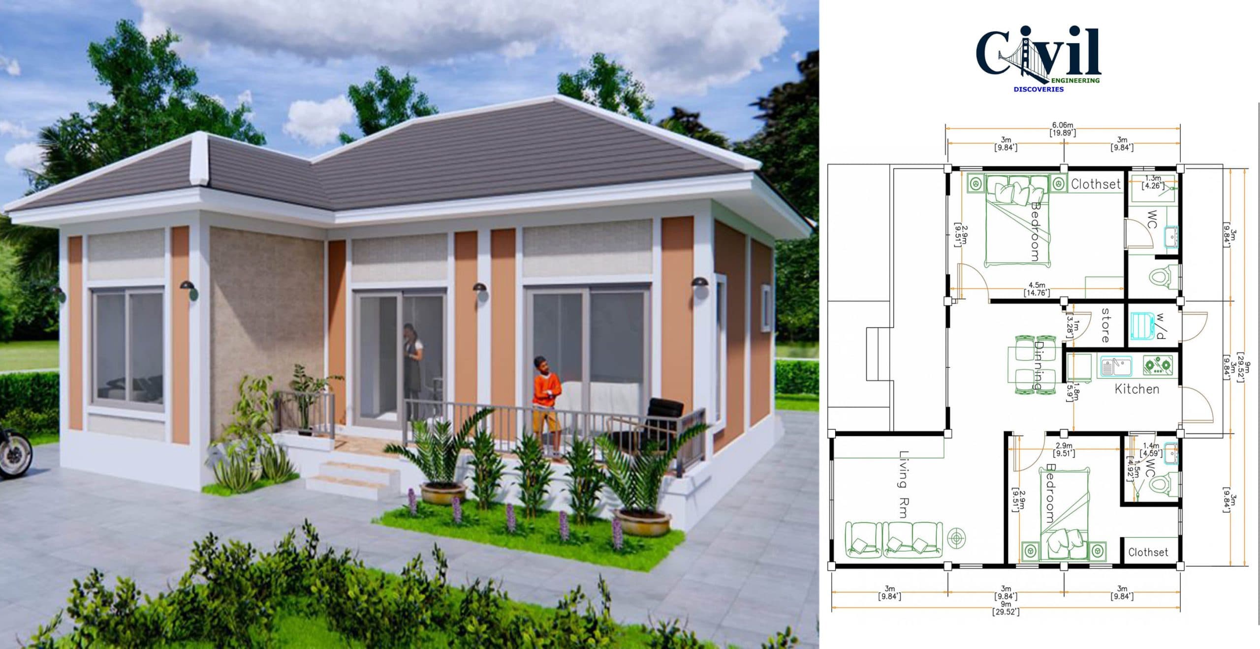 House Plans 9×9 Meters (30×30 Feet) Hip Roof