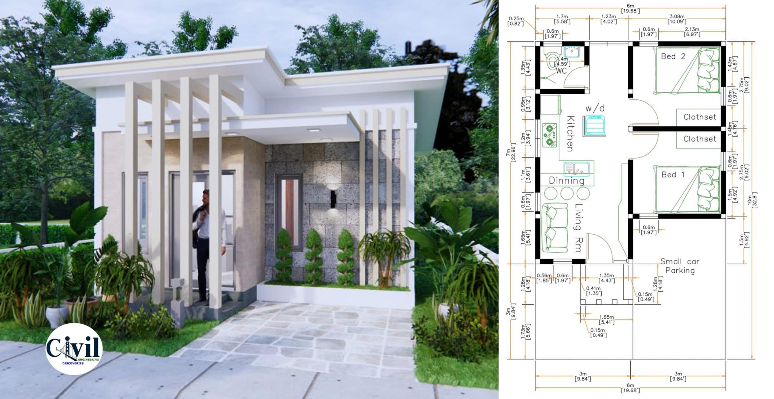Small House Plans 6x7M (20x23F) Shed Roof