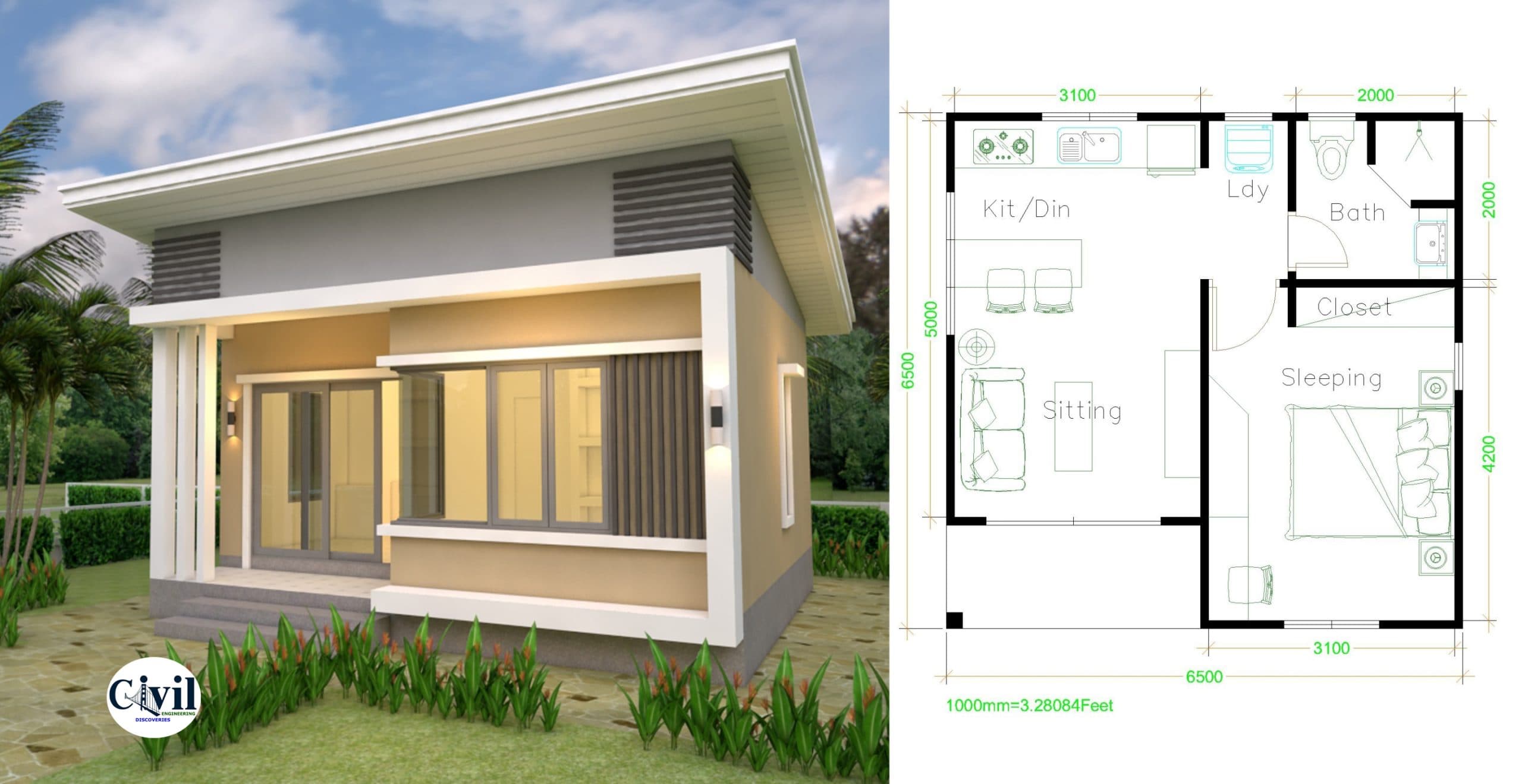 Small House Plans 6.5×6.5m (21×21 Feet) Shed Roof