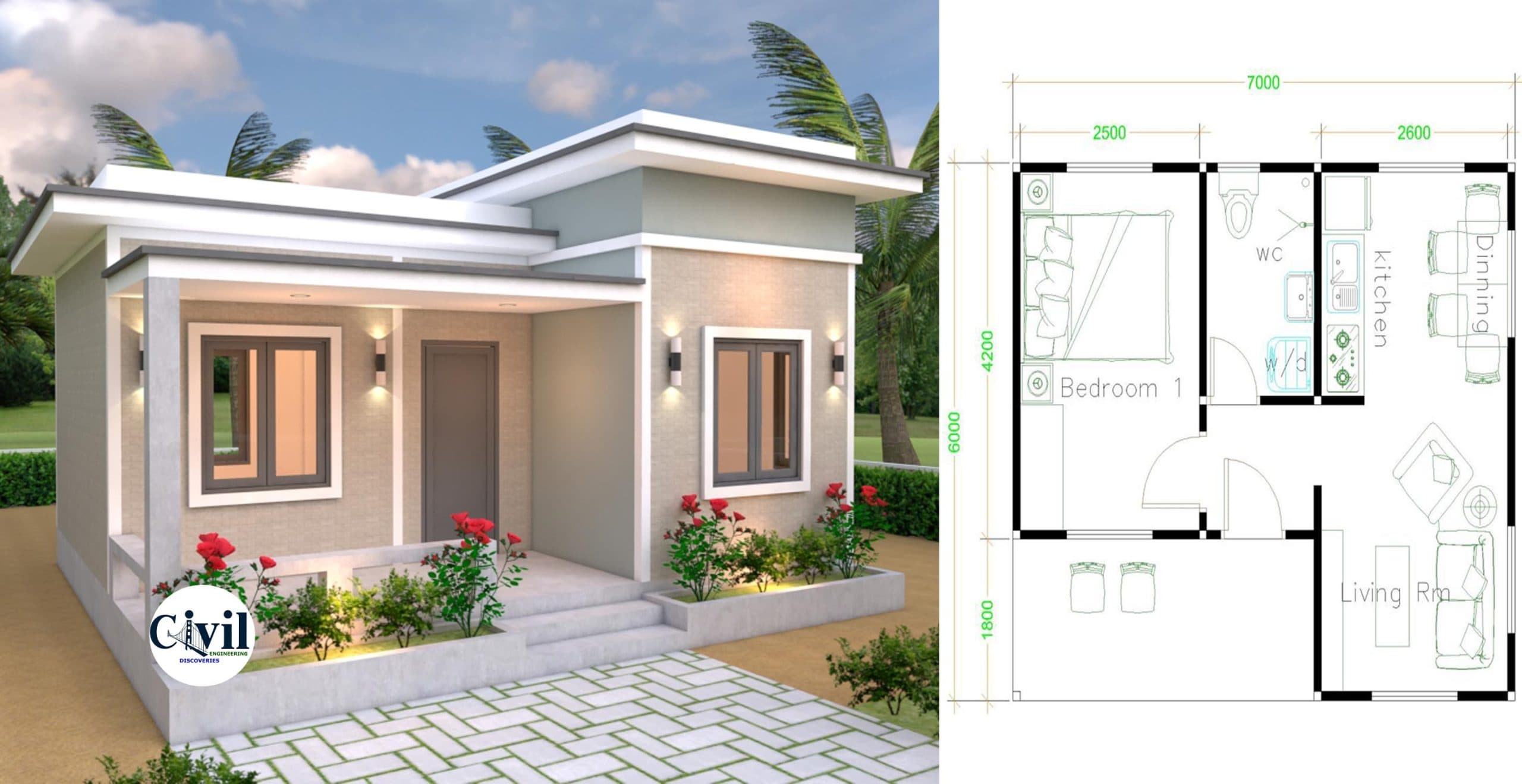 House Plans 7×6 With One Bedroom Flat Roof