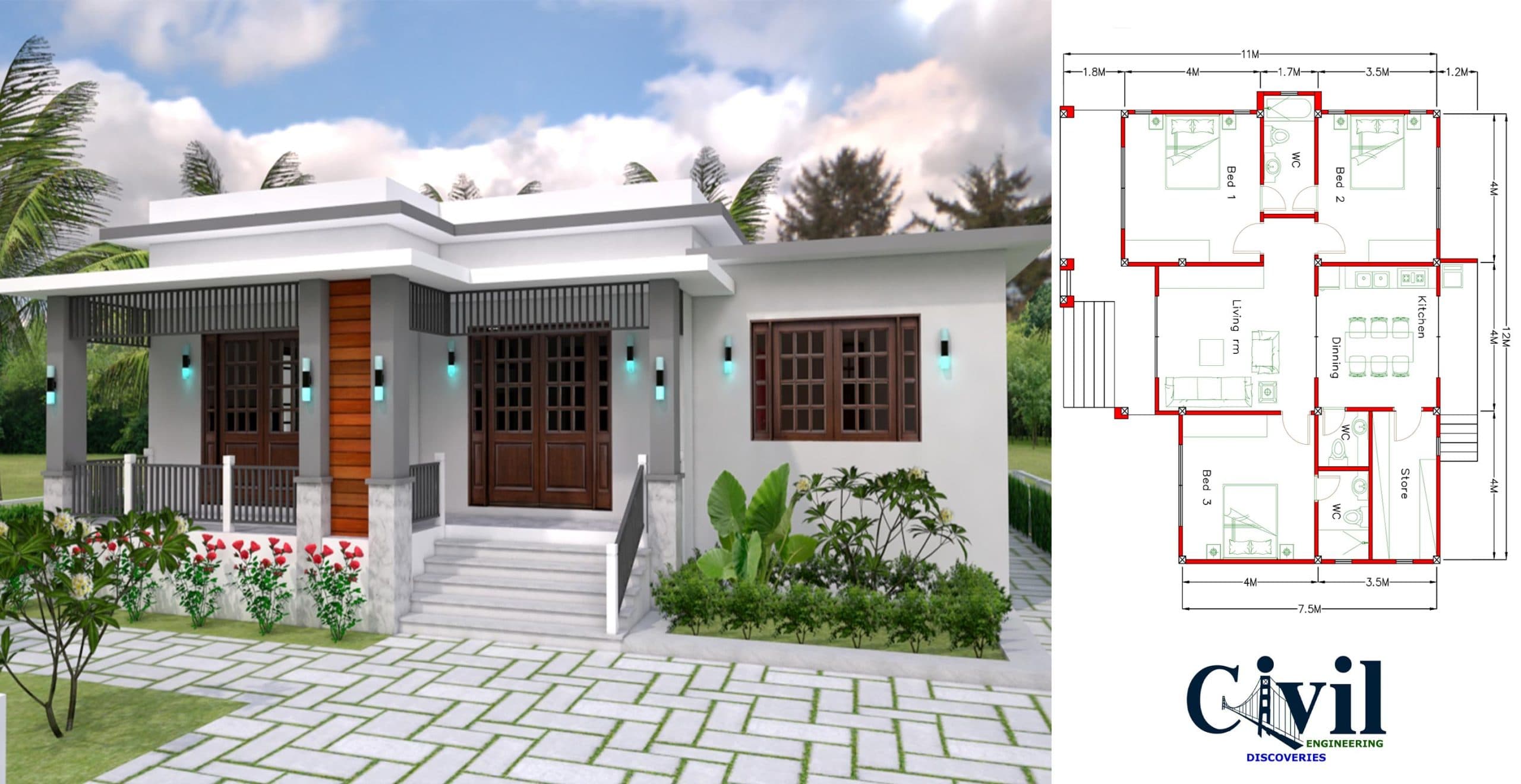 Home Design 12×11 With 3 Bedrooms Terrace Roof