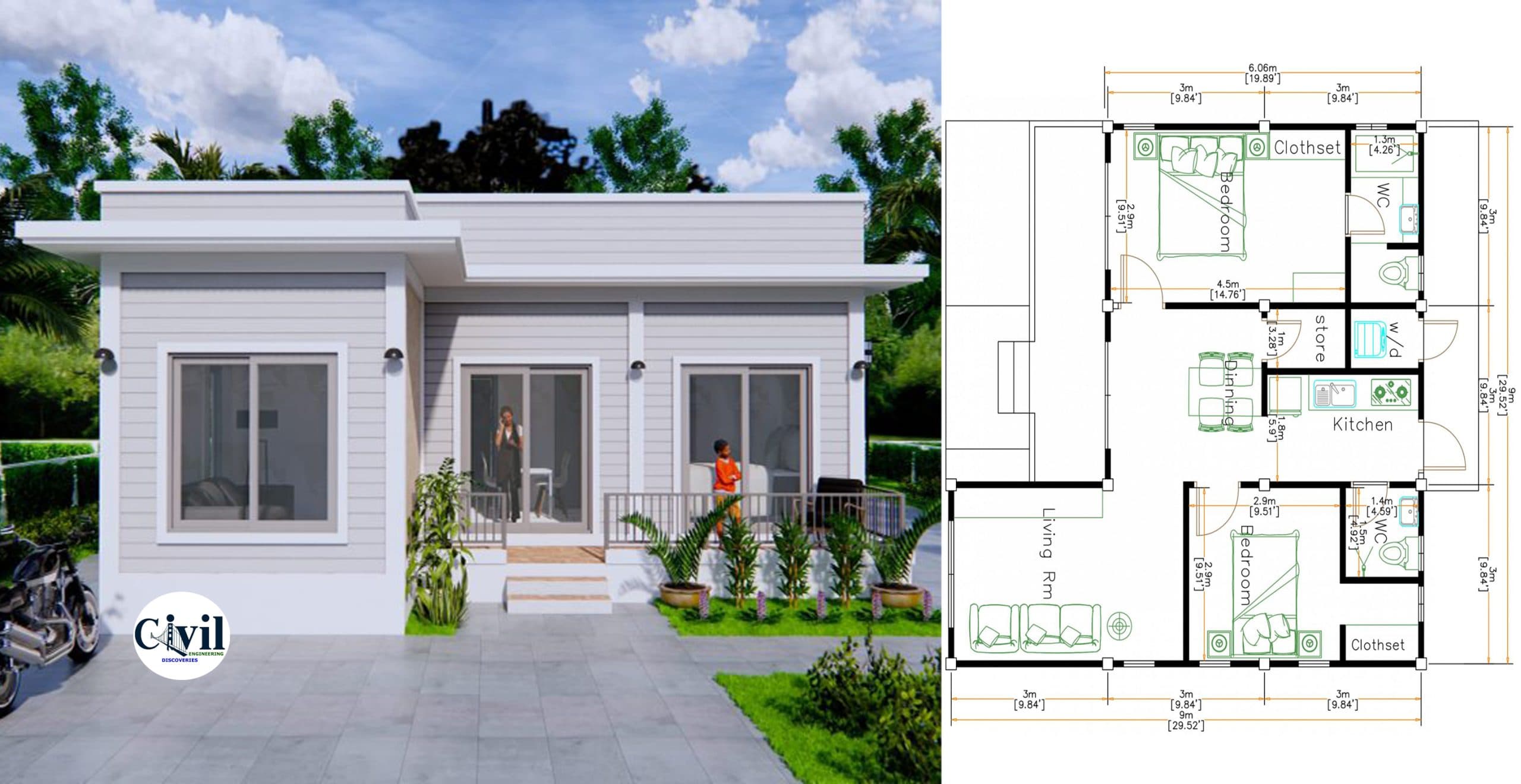 House Plans 9×9 Meters (30×30 Feet) Terrace Roof