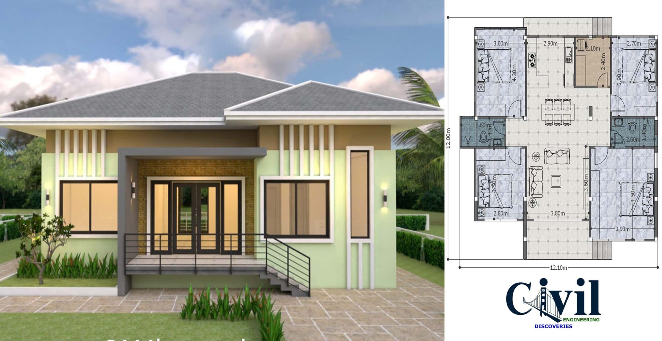 House Plans 12×12 Meter (40×40 Feet)  4 Bedrooms Hip Roof 