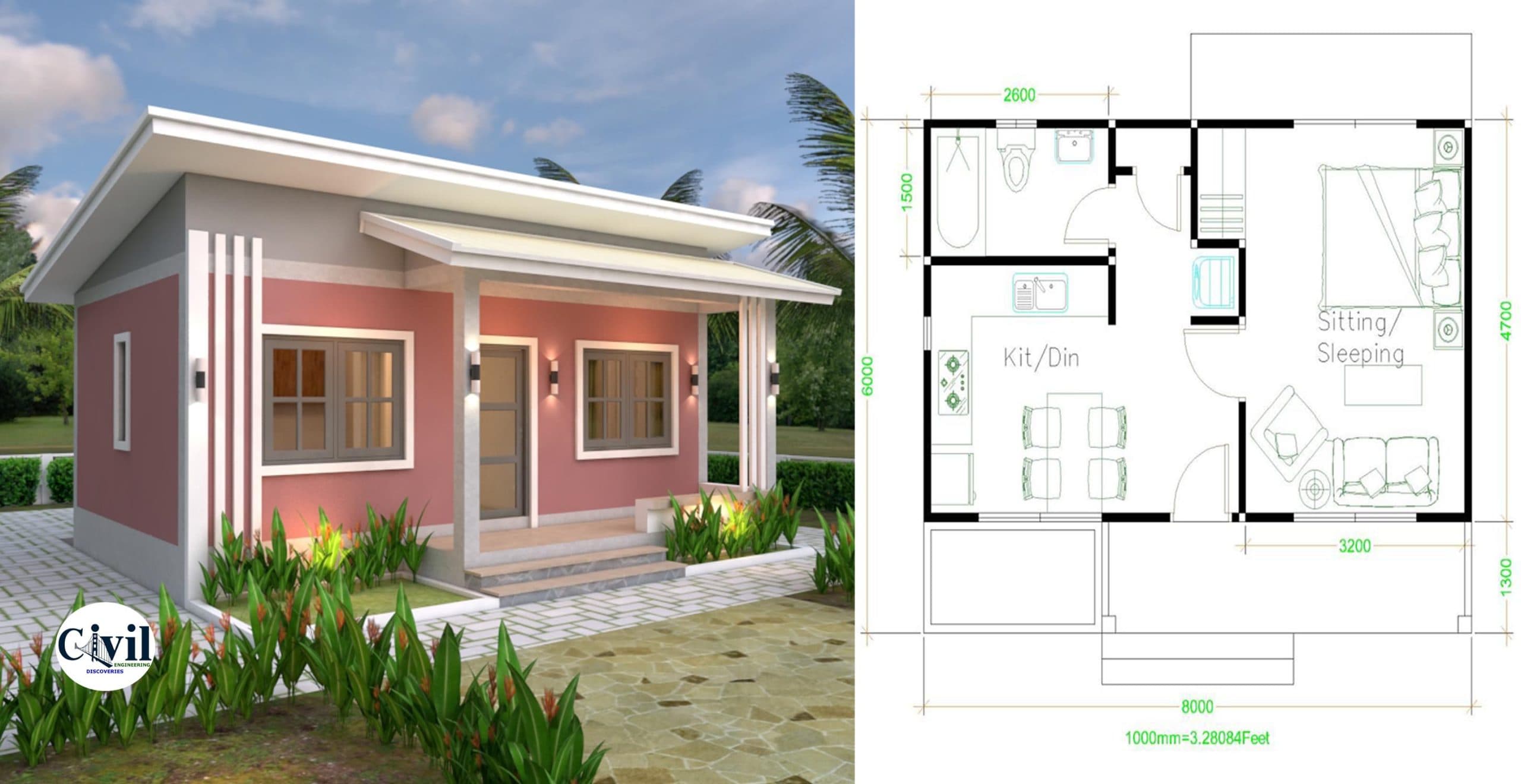 House Plans 8×6 With One Bedrooms Shed Roof