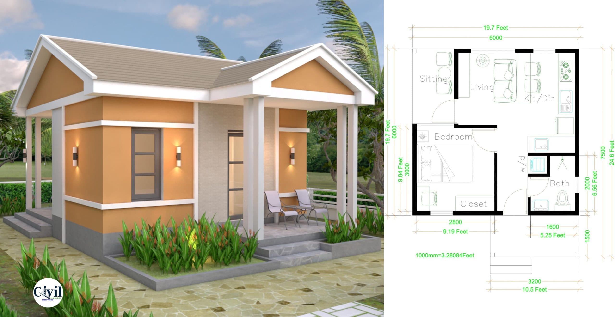 One Bedroom House Plans 6×7.5 With Gable Roof