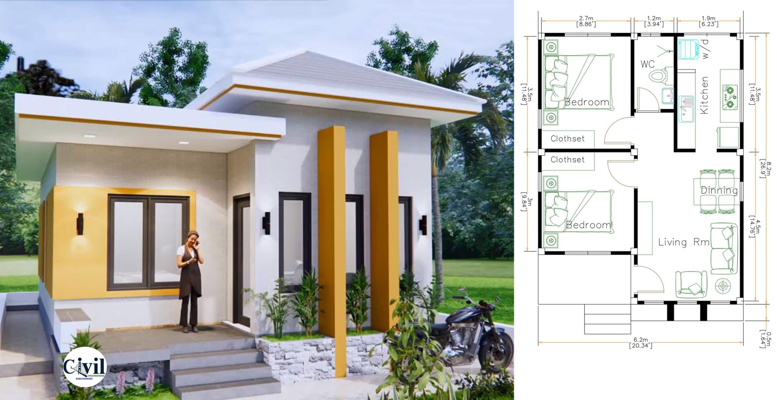 House Design 6x8Meter (20x27Feet) Hip Roof