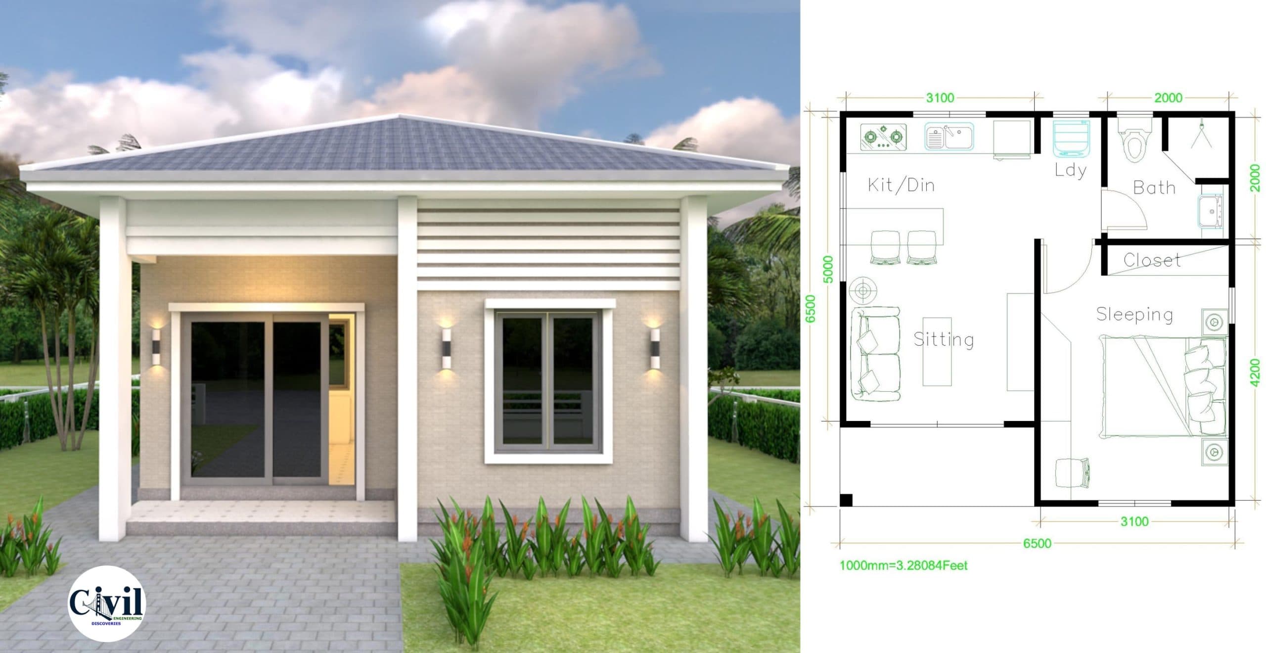 Small House Plans  6.5×6.5m (21×21 Feet) Hip Roof