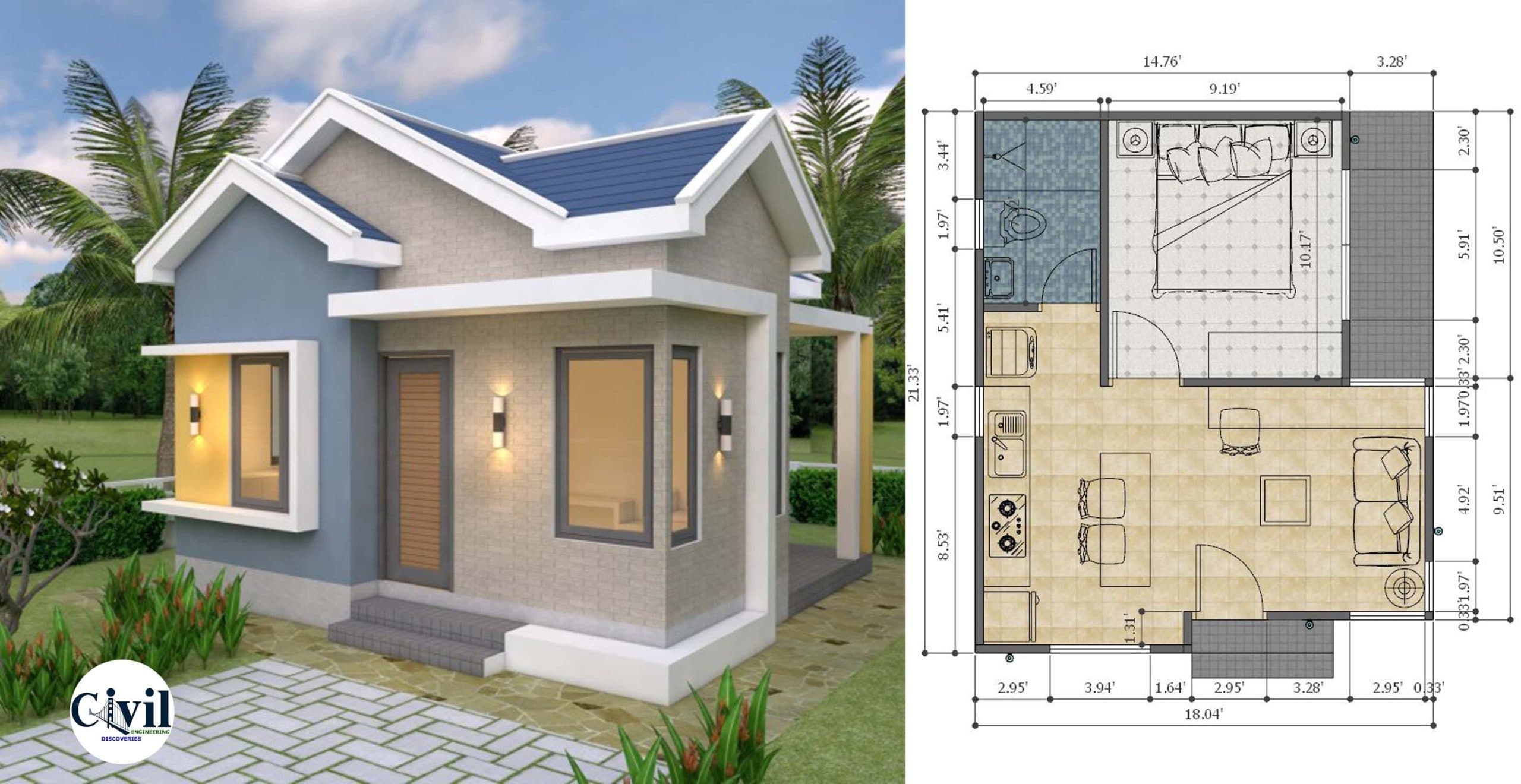 House Design Plans 18×21.3 Feet With One Bedroom Gable Roof