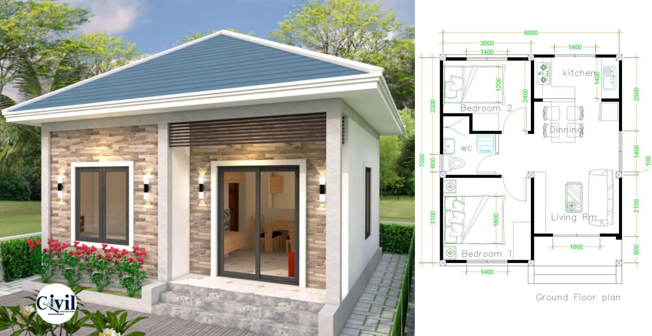 Simple House Design 6×7 With 2 Bedrooms Hip Roof