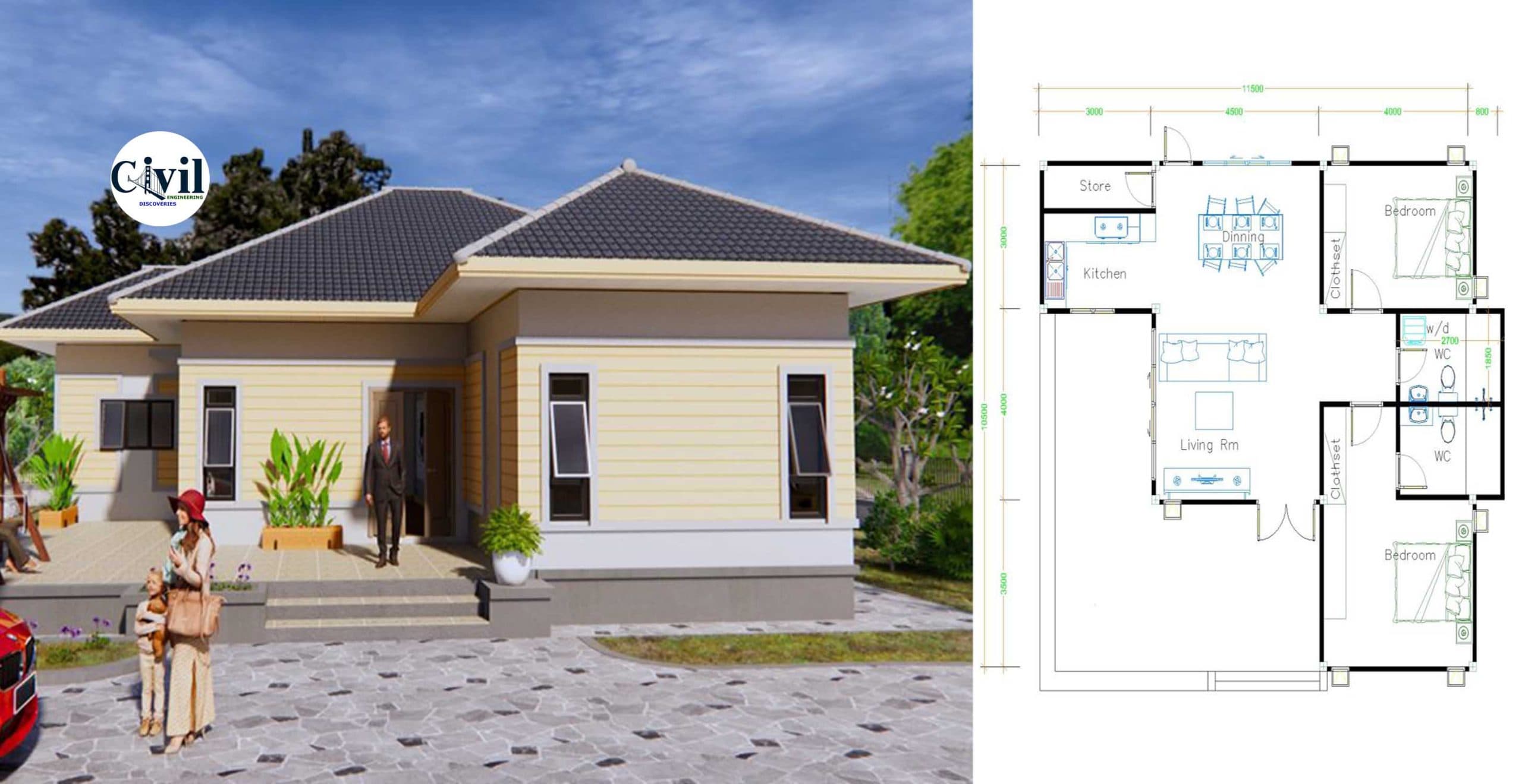 House Plans 11.5×10.5 With 2 Bedrooms Hip Roof