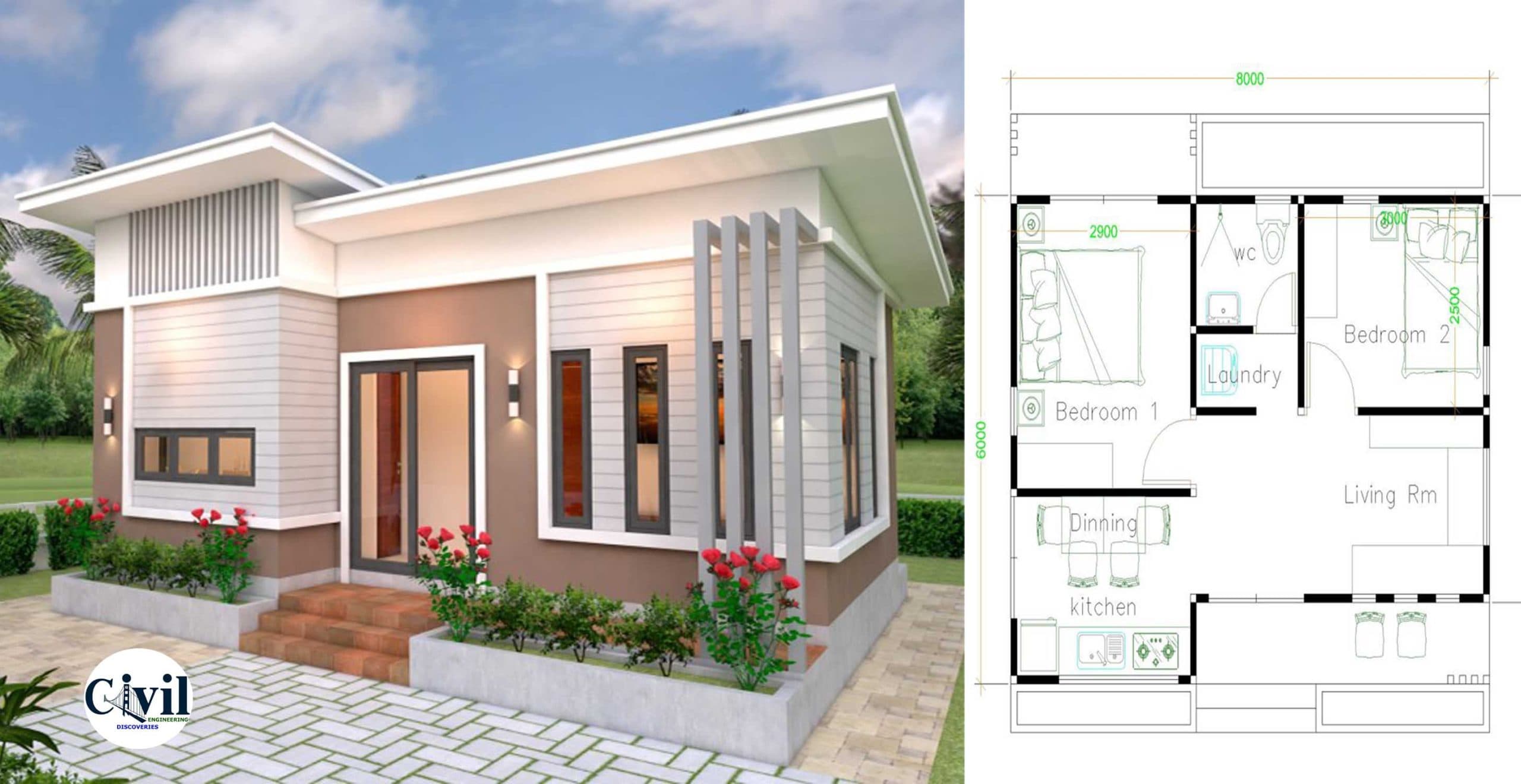 Small House Plans 8×6 With 2 Bedrooms Slope Roof