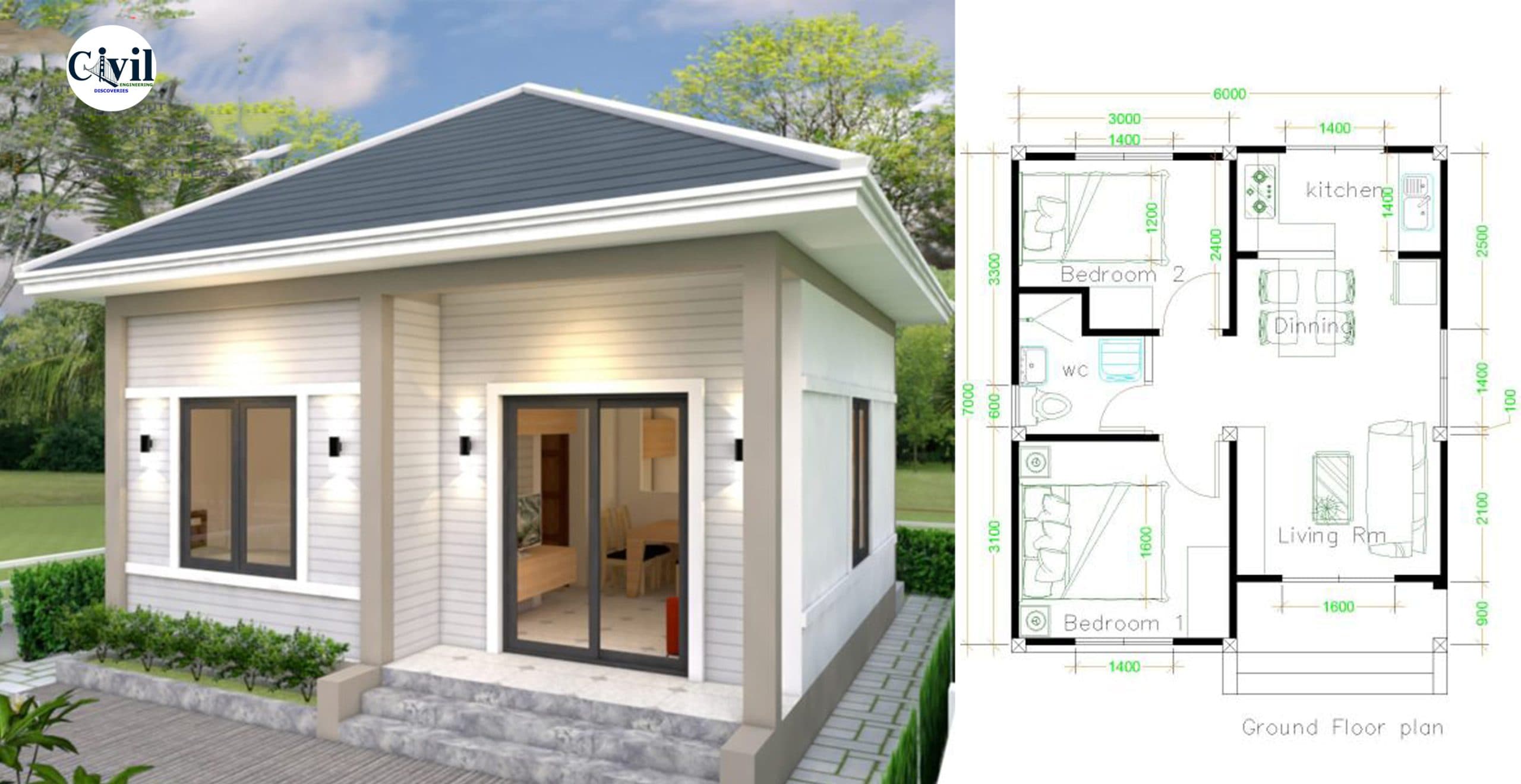 House Plans 6×7 With 2 Bedrooms Hip Roof