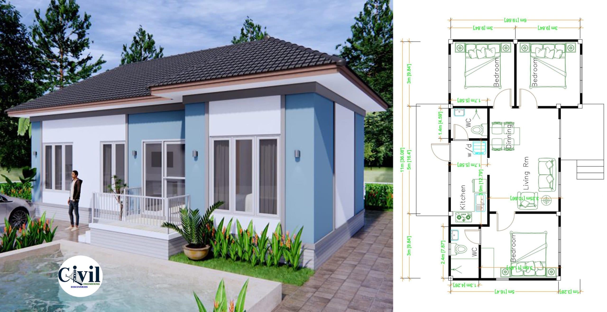 House Design Plans 11×6 Meters (36×20 Feet) Hip Roof